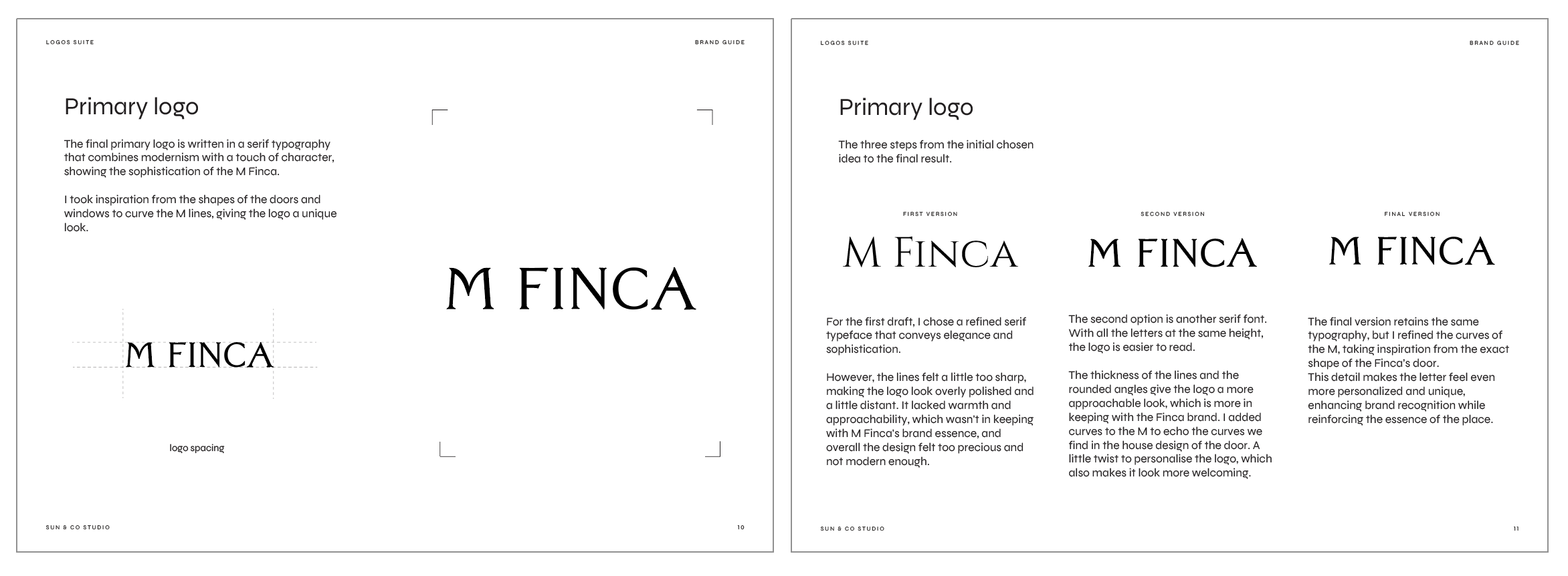 page de la charte M Finca montrant la construction du logo étape par étape.
