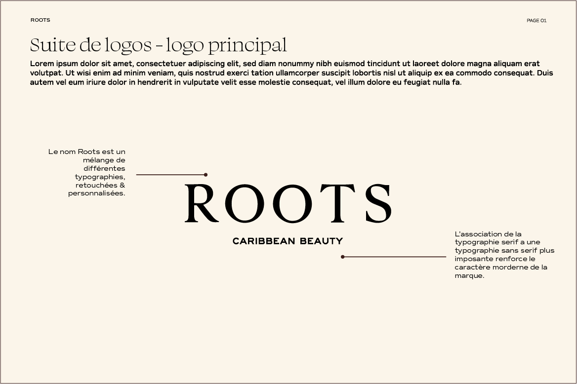 Page de présentation d'une charte graphique avec le titre "Suite de logos - logo principal" et le mot "ROOTS" en grand, suivi de "CARIBBEAN BEAUTY" en gras. Deux annotations expliquent la composition du nom "Roots" et l'utilisation de typographies serif et sans-serif pour renforcer le caractère moderne de la marque.