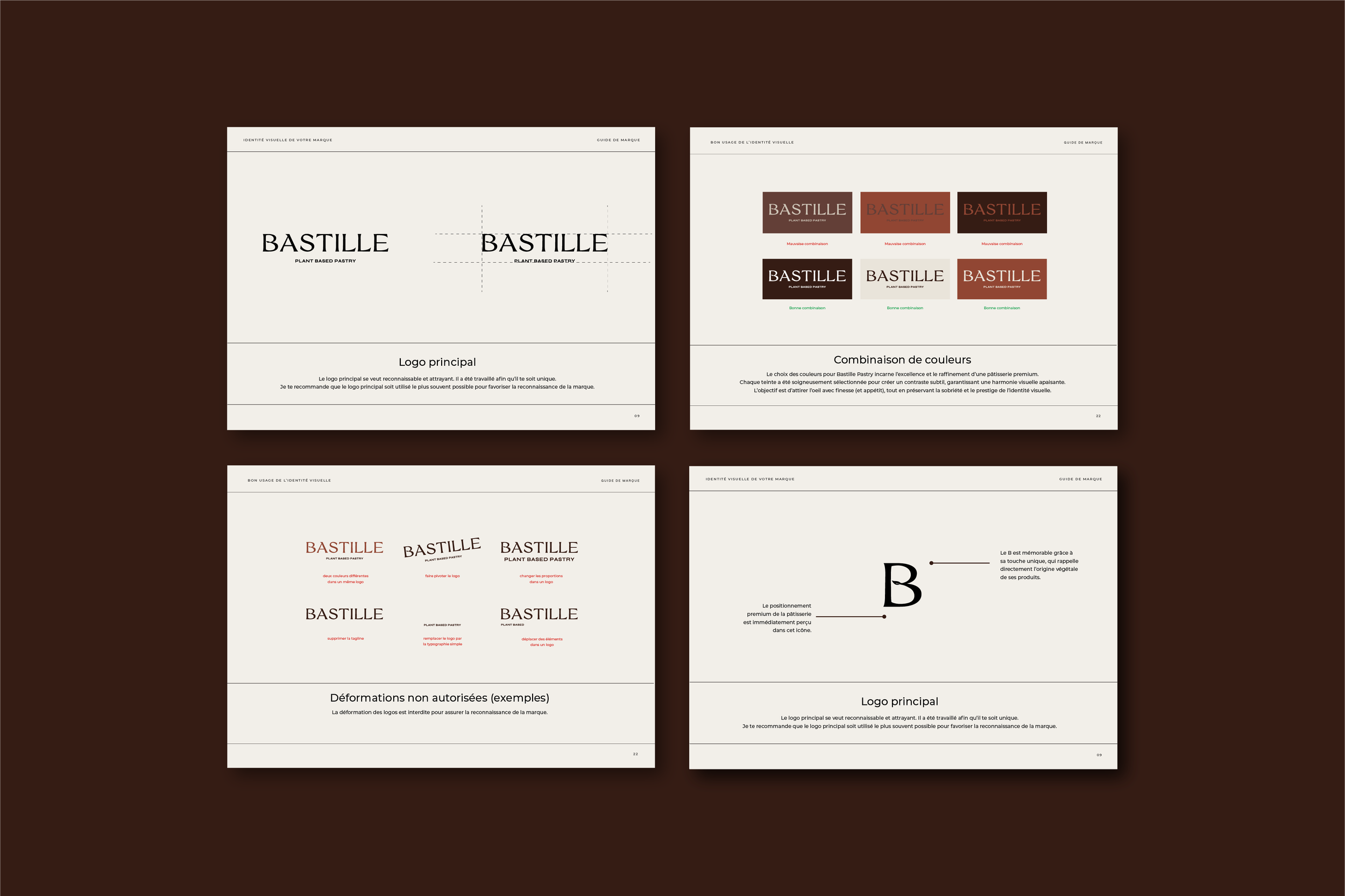 extrait d'une charte graphique avec déclinaisons du logo, codes couleur précis et règles typographiques