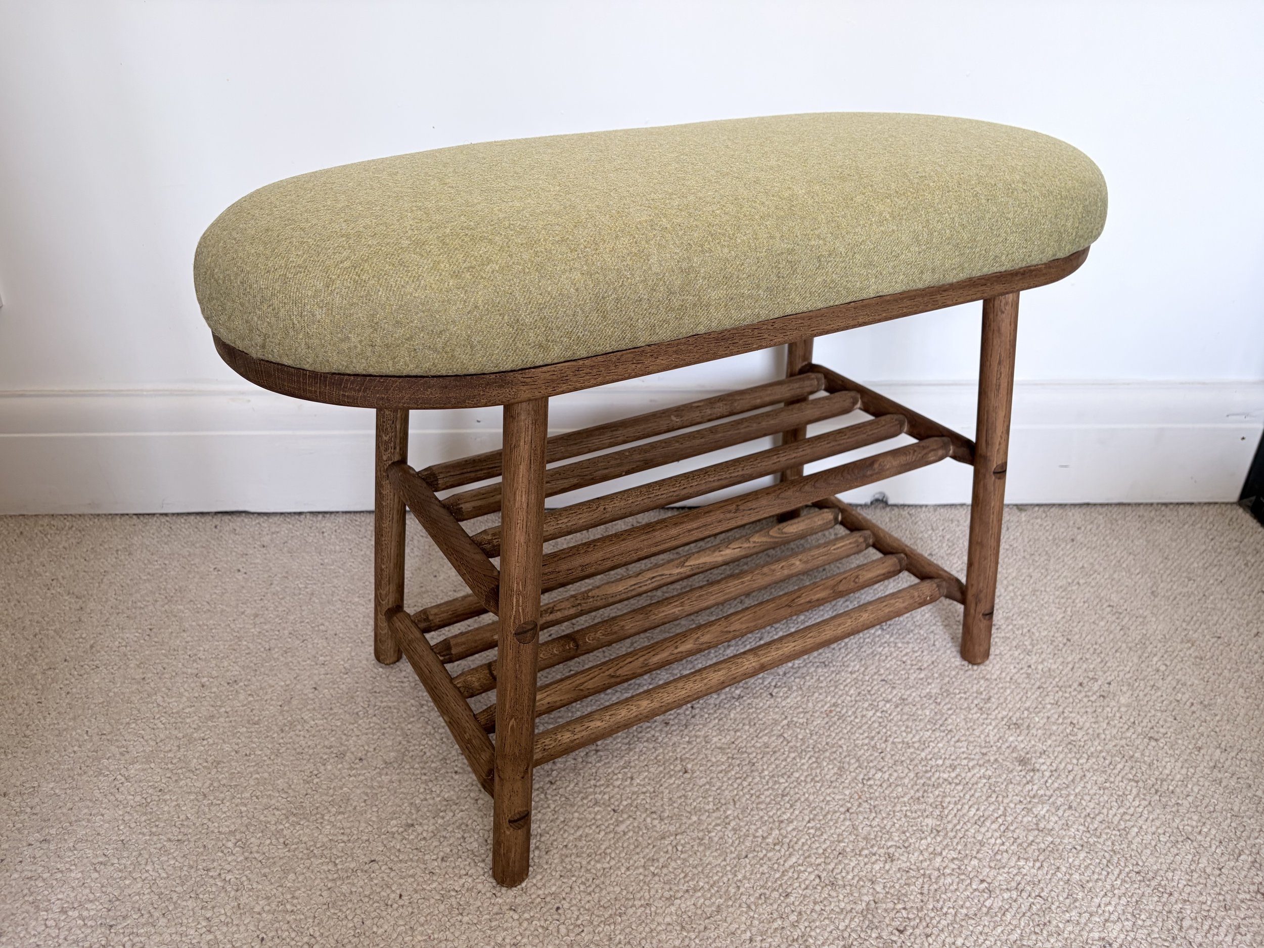 Oak Bench With Rounded Ends and Double Shoe Storage and Wool Upholstered Cushion