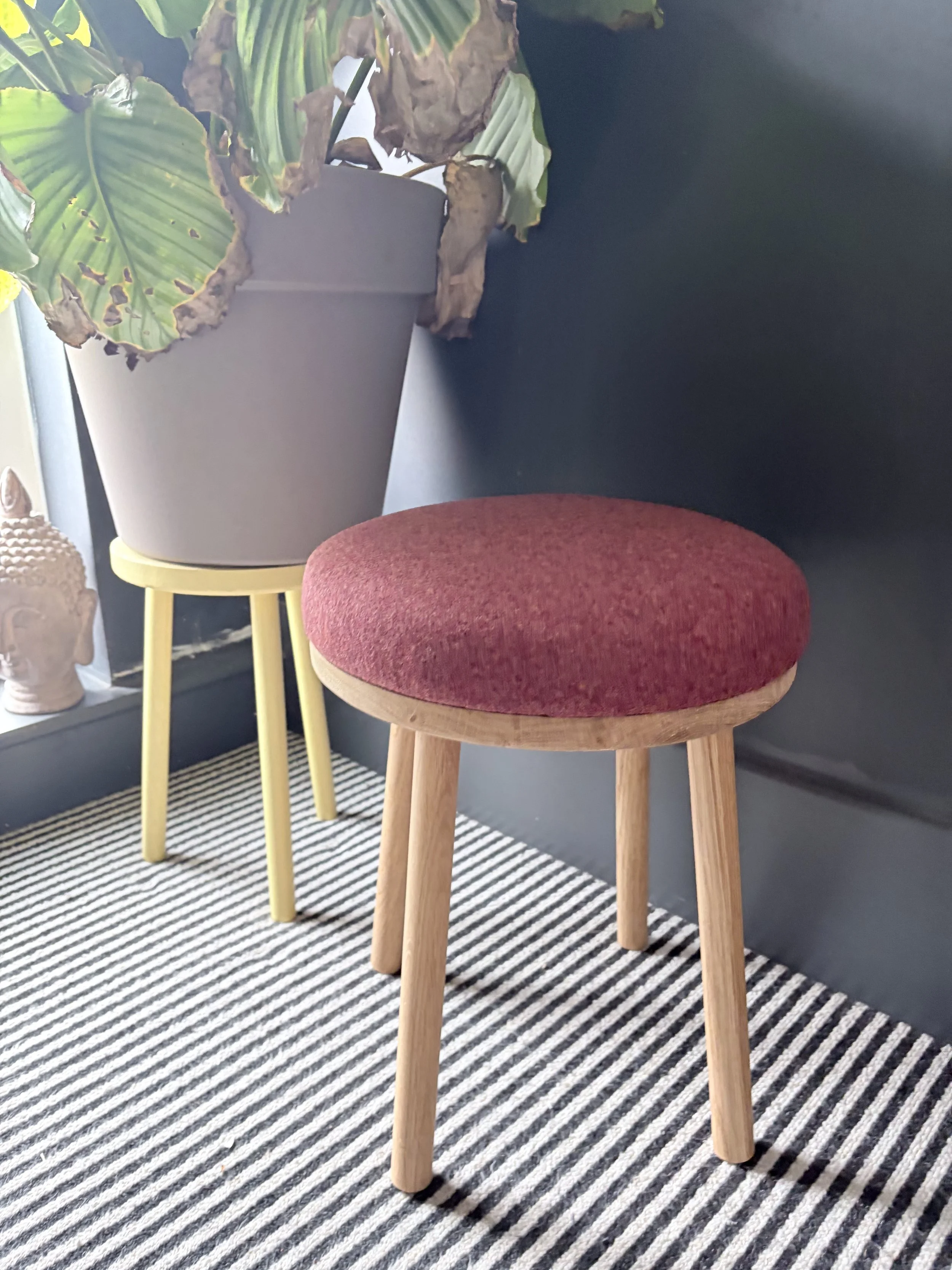 Round Oak Dressing Table Upholstered in Moons Earth Wool