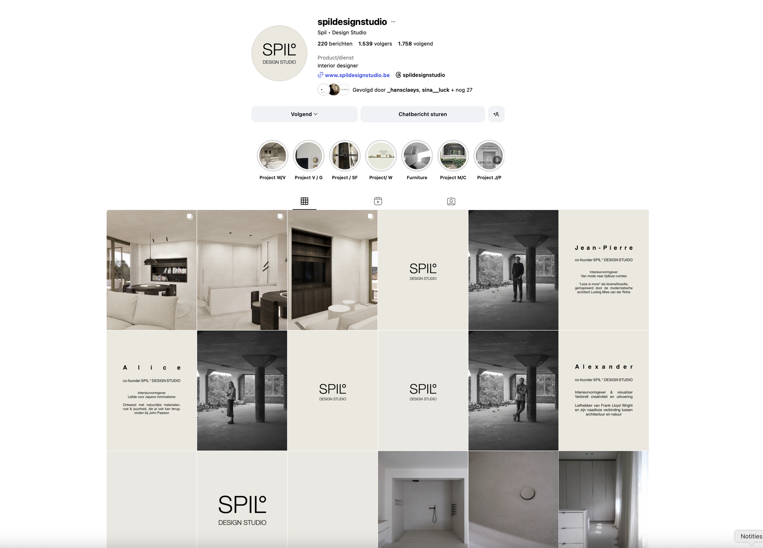 Instagram profile of SPIL Design Studio showcasing interior design projects, featuring images of modern, minimalist interiors with neutral color palettes, black-and-white photos of architectural spaces, and profiles of team members Jean-Pierre, Alice, and Alexander.