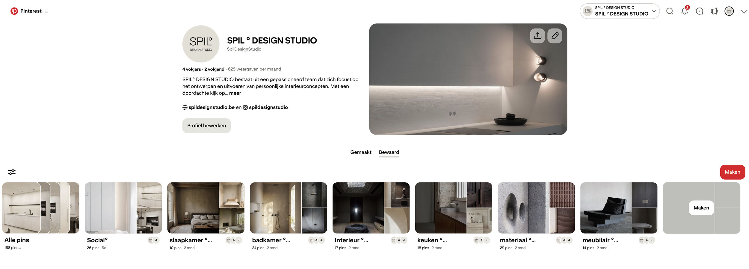 A digital interior design studio profile page showing a photo of a modern kitchen with minimalist lighting. The page includes the studio's name, description, and social media links, with a grid of images of various interior spaces below.