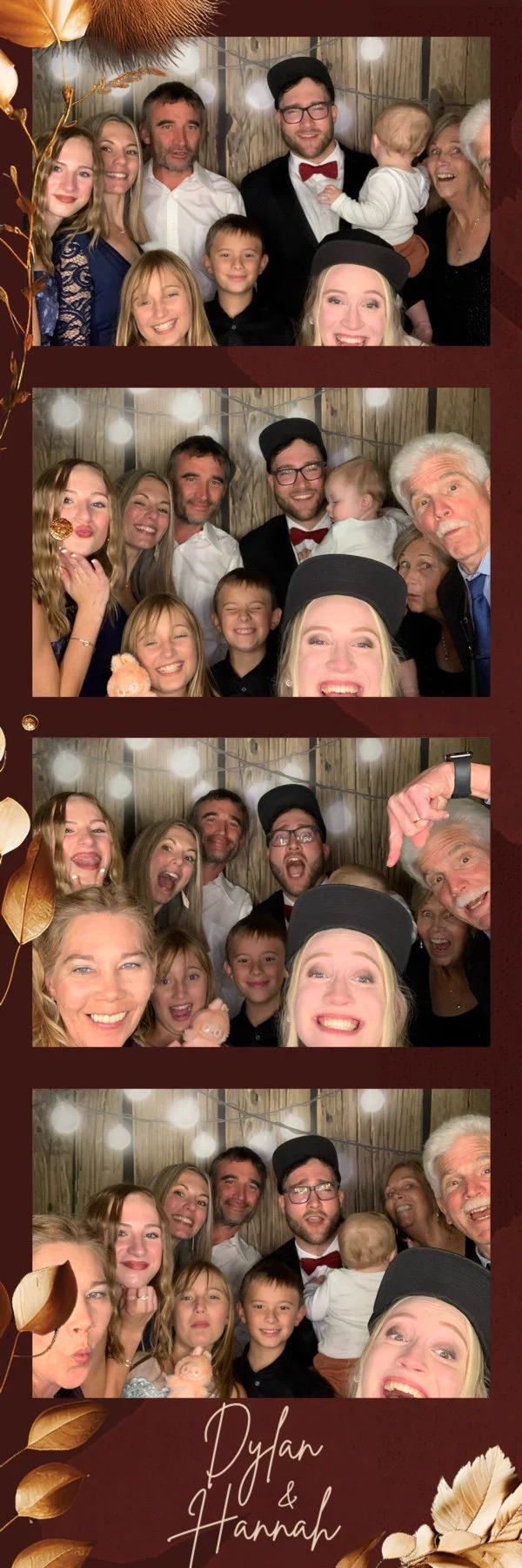 A series of four photos showing a multi-generational family celebrating together with a rustic wooden background and string lights. Everyone is smiling, making funny faces, and having a good time. The bottom of the image features the names "Dylan & Hannah" written in elegant script with decorative leaves.