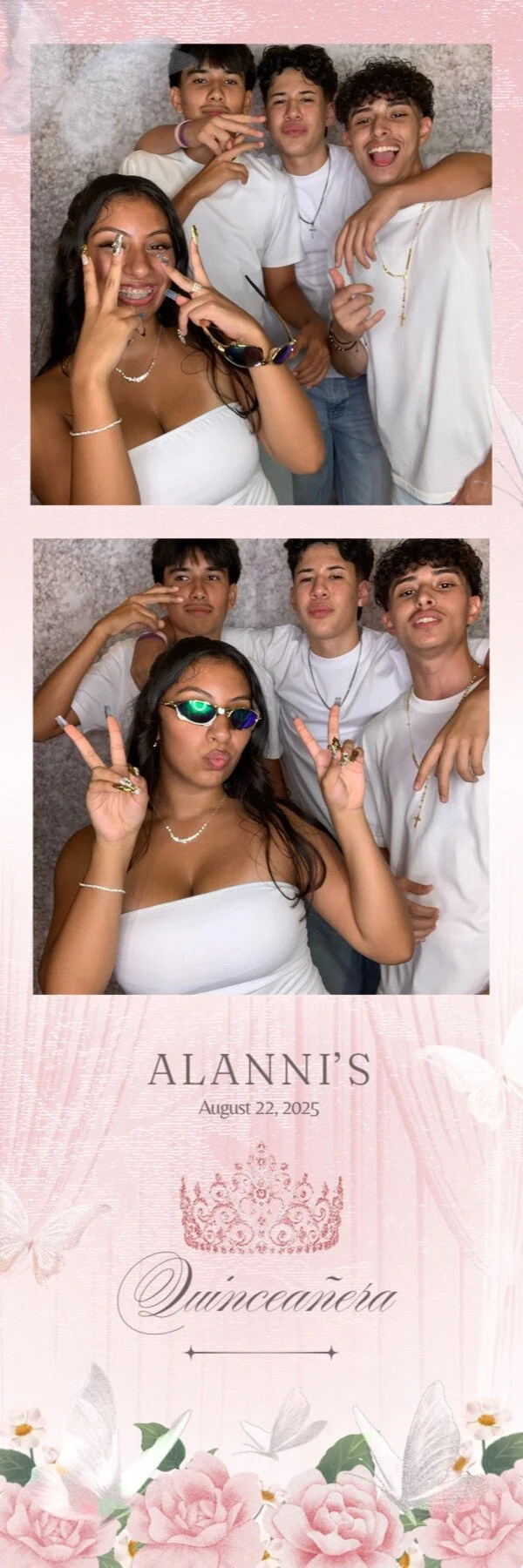 Photo booth picture of four teenagers, three boys and one girl, with playful poses and expressions. The girl is wearing sunglasses and making a peace sign, while the boys are smiling or making peace signs. The background is a plain, textured wall. The bottom section features a pink floral and butterfly design with text that reads "Alanni's Quinceañera, August 22, 2025."
