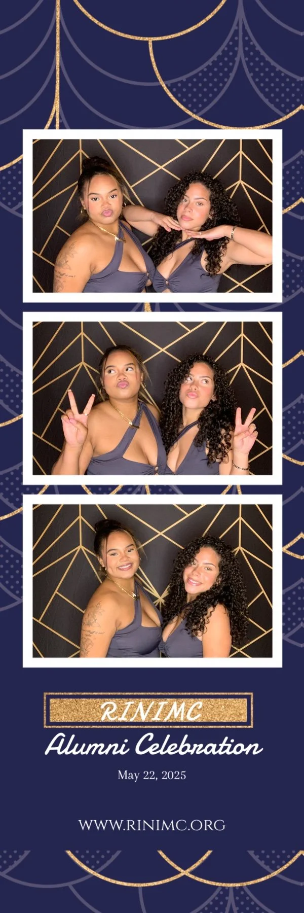 Photobooth strip featuring two women in navy blue dresses with a gold geometric background at an alumni celebration event on May 22, 2025, with the event details and website at the bottom.