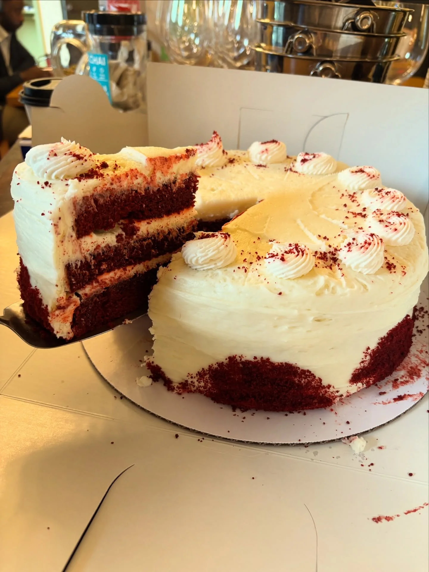 Cake of the week, Red Velvet!! &hearts;️ With cream cheese frosting! 🥰 This cake is so moist and fluffy. Stop by old Salem and grab a slice while it last. 
#redvelvetcake #lot63 #wilkersons #bakerytreats #coffeehouse #oldsalem #winstonsalem #lunchsp