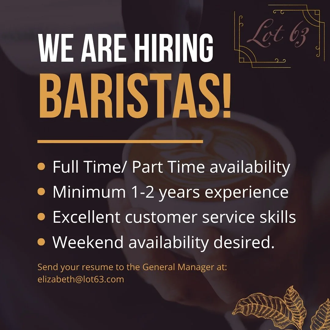 Hi Winston-Salem! Our business has been growing so we need to grow our team too! If you&rsquo;re interested in joining us behind the bar, shoot an email over to our GM, elizabeth@lot63.com. We can&rsquo;t wait to hear from you! 

#Lot63 #hiringnow #b