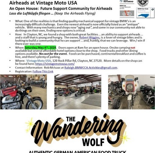 We are covering some ground this Saturday in the Wandering Wolf&hellip;come find us @vintagemotousa in Clayton by 10am for some brats and an open house old school BMW motos and other makes. Then we ride to Durham @dernachbar_durham German bottle shop