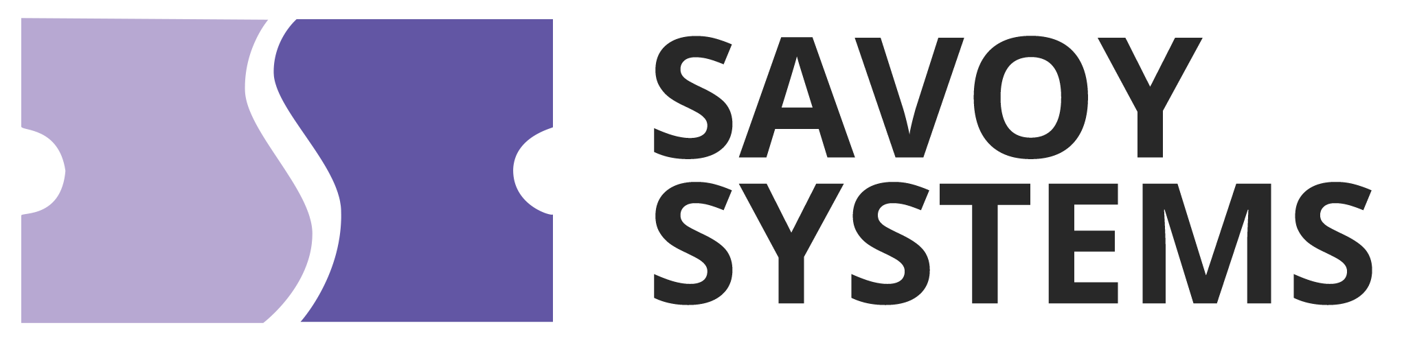 Logo of Savoy Systems featuring a stylized purple and navy-blue symbol next to the black text "SAVOY SYSTEMS".