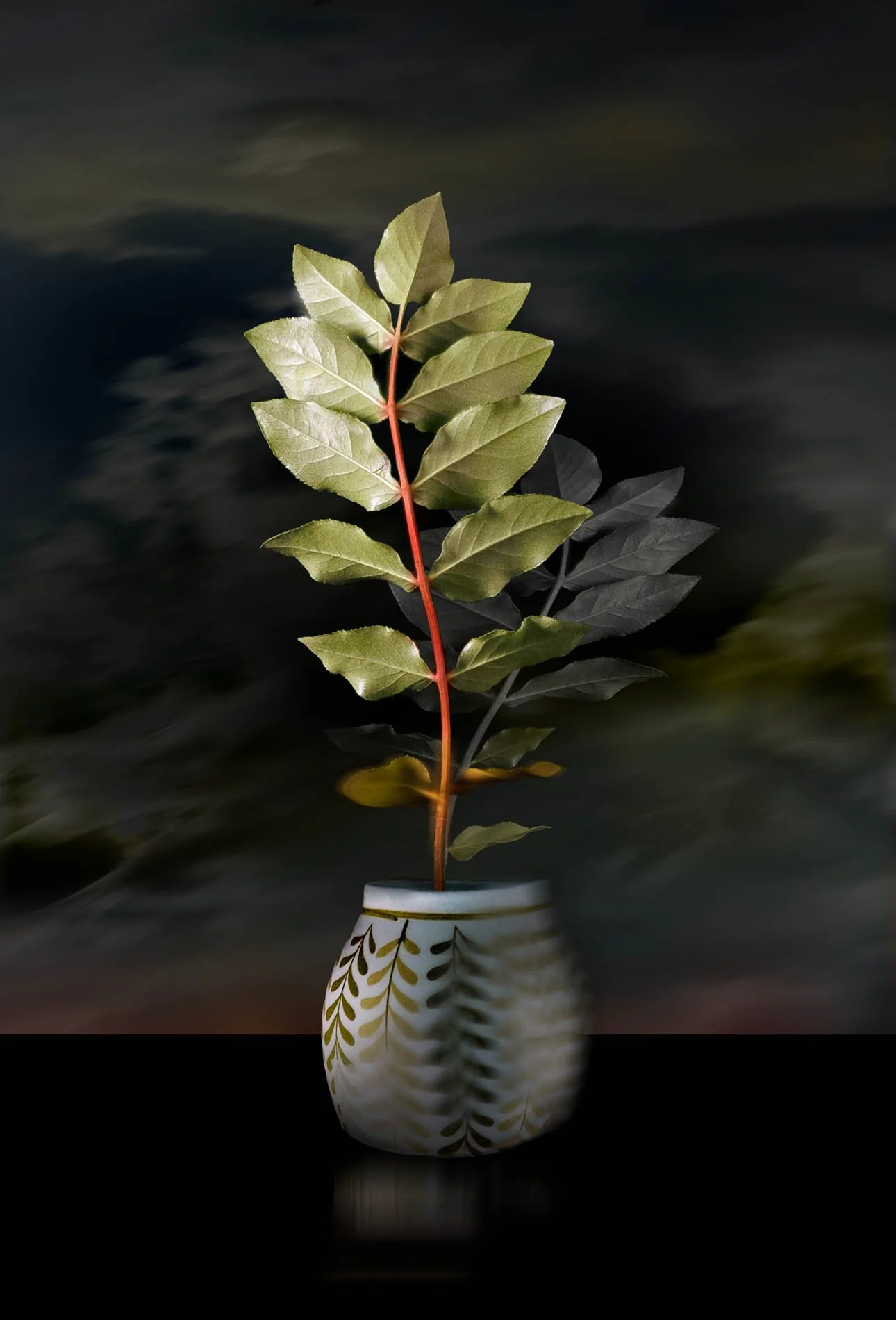Green Leaves With A Red Stem