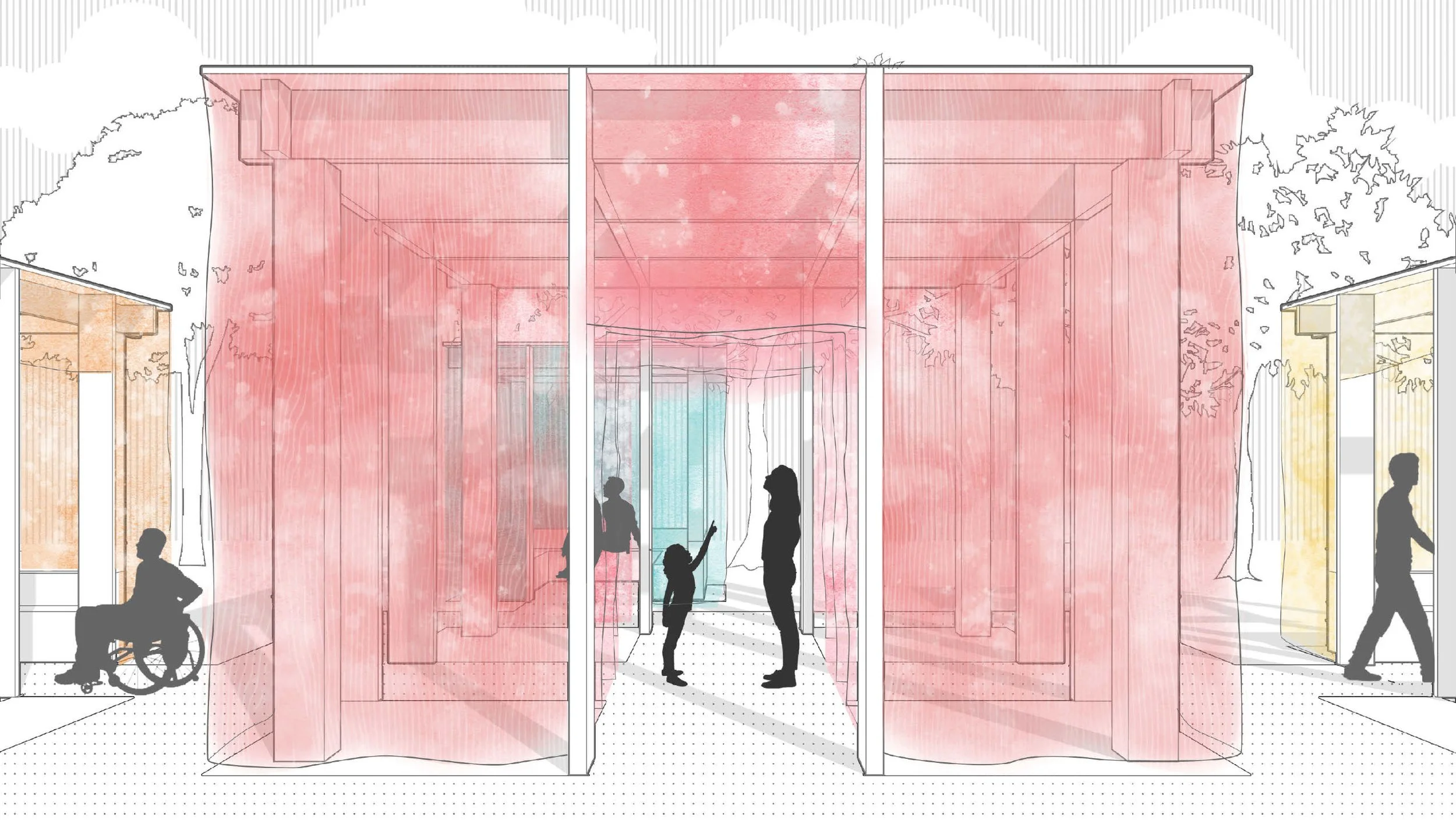 Eye-level perspective rendering shows the central sight pavilion enclosure. Translucent red veils hang from the ceiling, with cutouts creating a corridor. Smaller pavilions with various colored veils occupy the periphery of the image.
