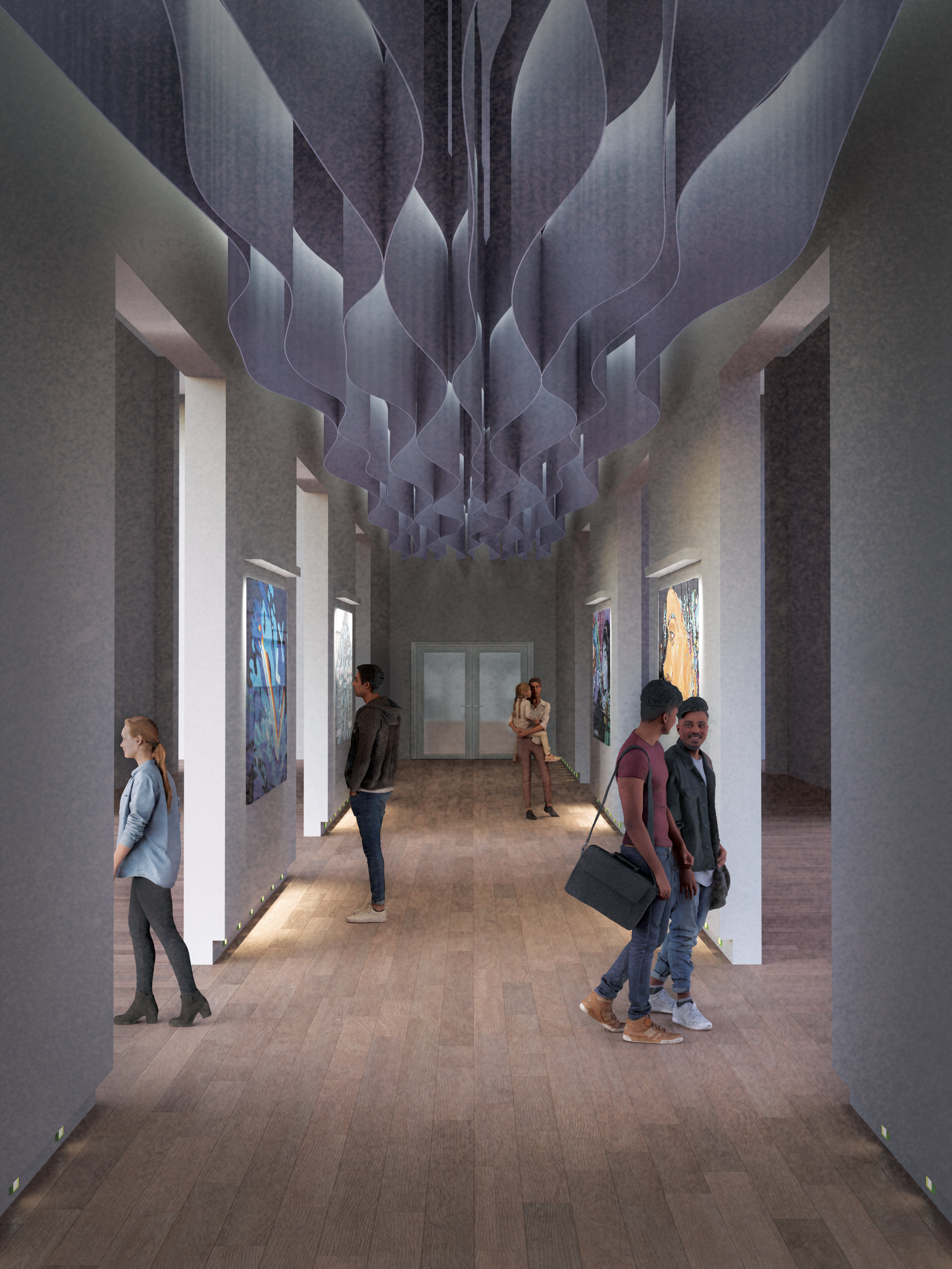 Interior perspective rendering shows a corridor with waving blue fabric ceiling, paintings hung on either wall, and regularly spaced door openings