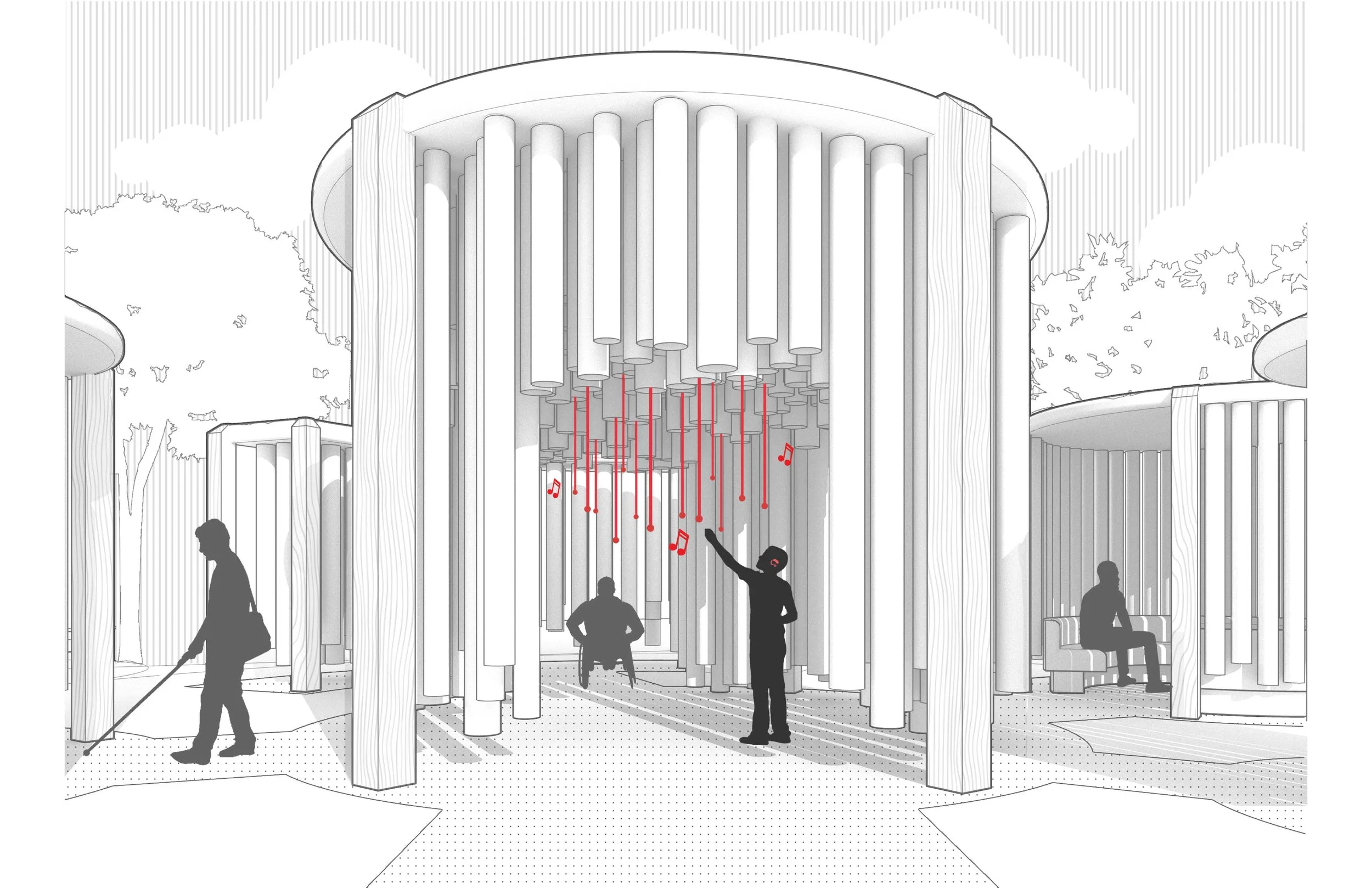 Eye-level perspective rendering shows the central sound pavilion enclosure. A young boy wearing a hearing aid reaches to pull one of the red strings. The ground is made of a tactile material.