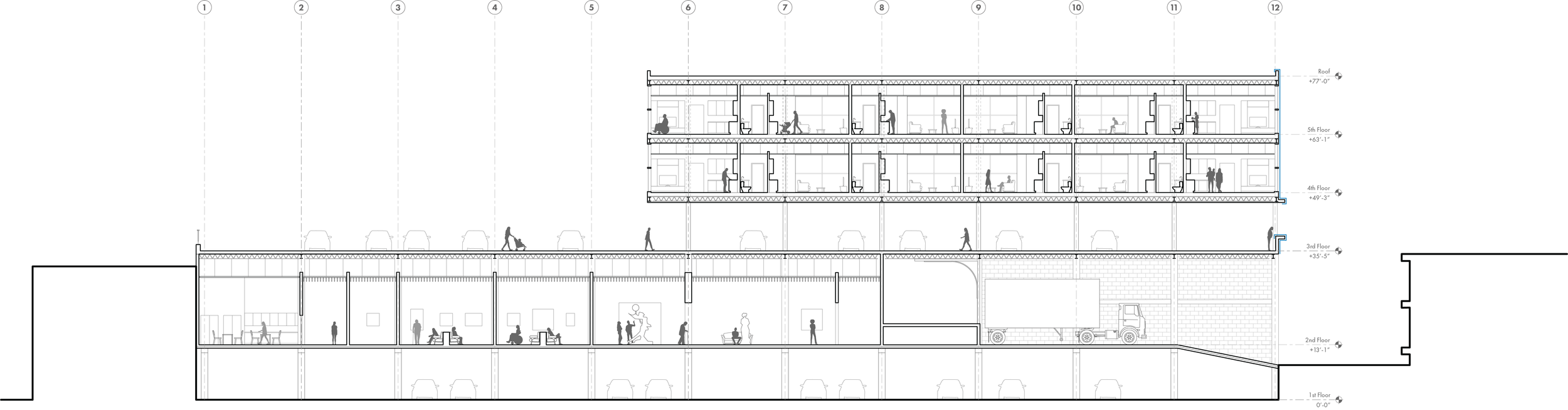 Black and white section drawing of Lynchburg Museum of Public Art shows, from bottom to top: one floor of parking, one floor of museum space, one floor of parking, and two floors of apartments.