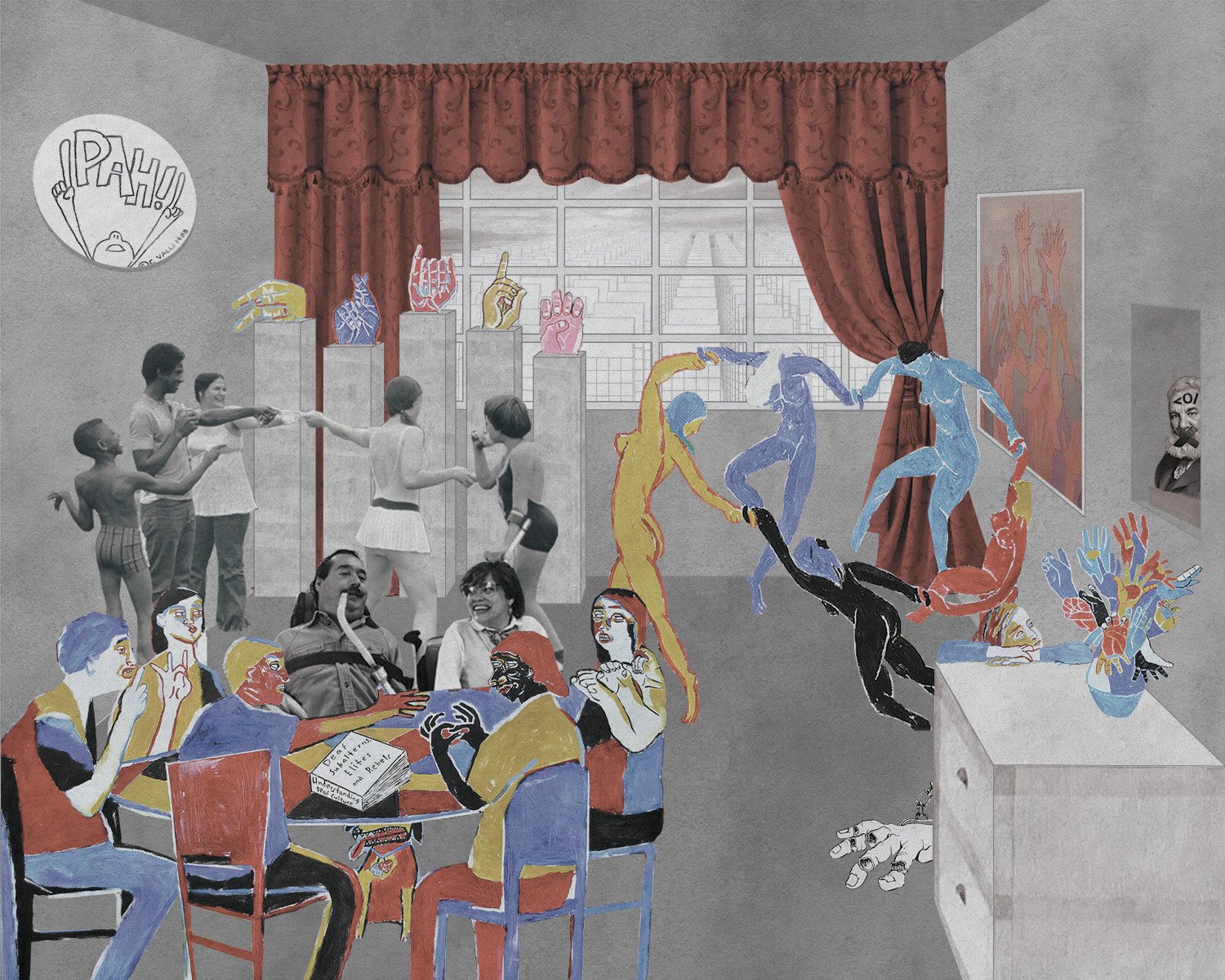 Interior view shows colorful people partying and celebrating.