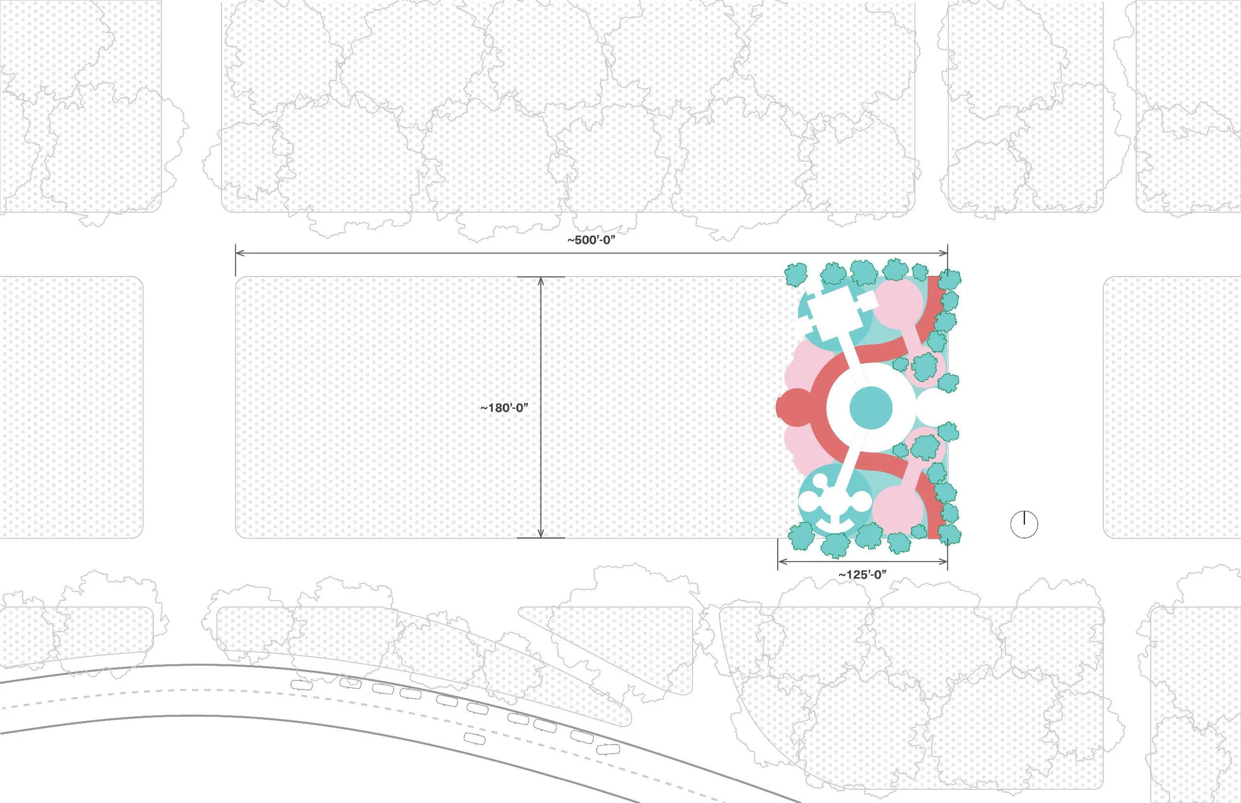 Site plan shows the National Mall with sensory park occupying the edge of one of the Mall's grass plots. It measures 125 feet by 180 feet.