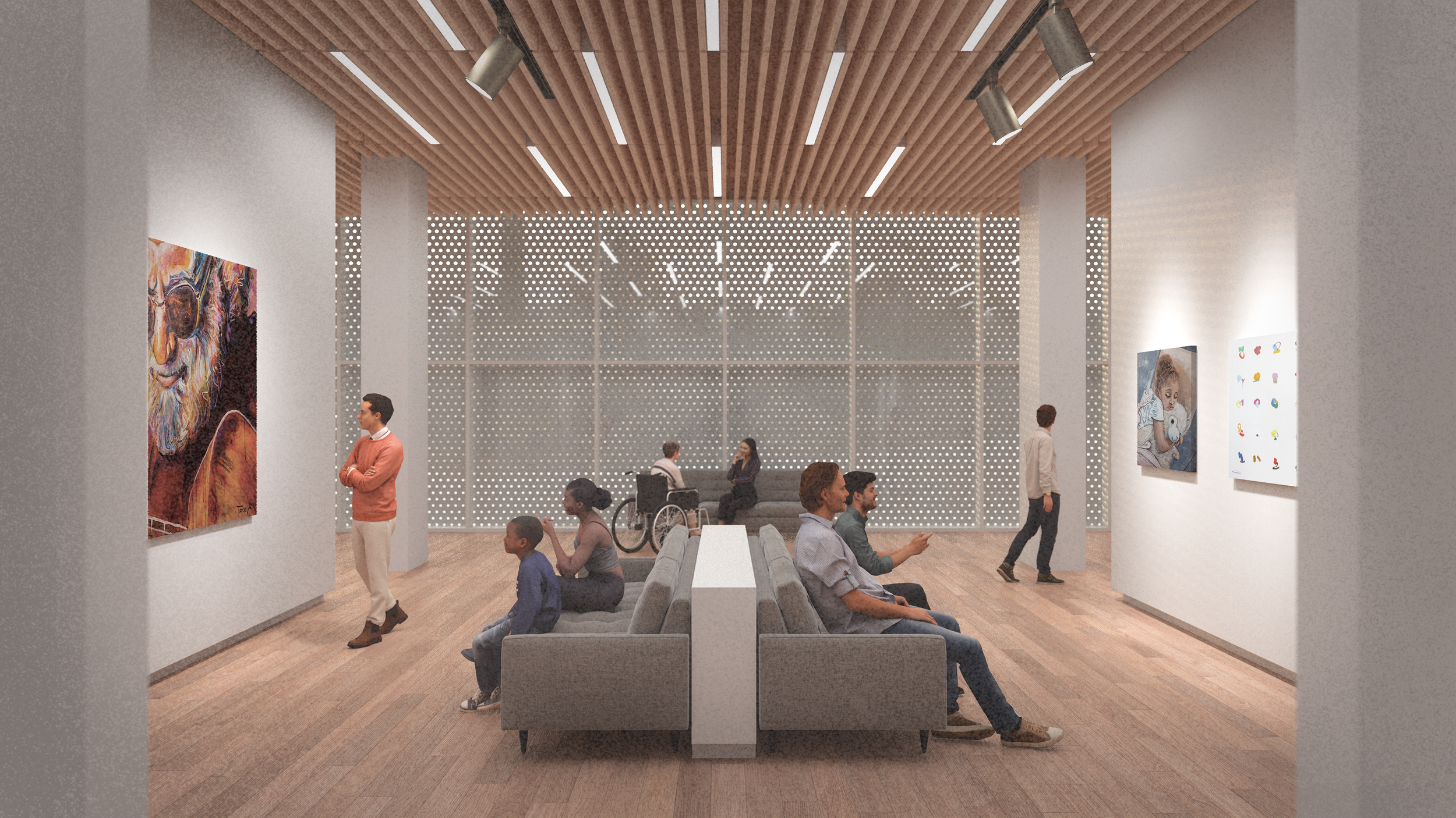 Interior perspective rendering shows gallery space, with two central grey sofas paintings hung on either ends, light wood floors, and a wood slat acoustic ceiling.