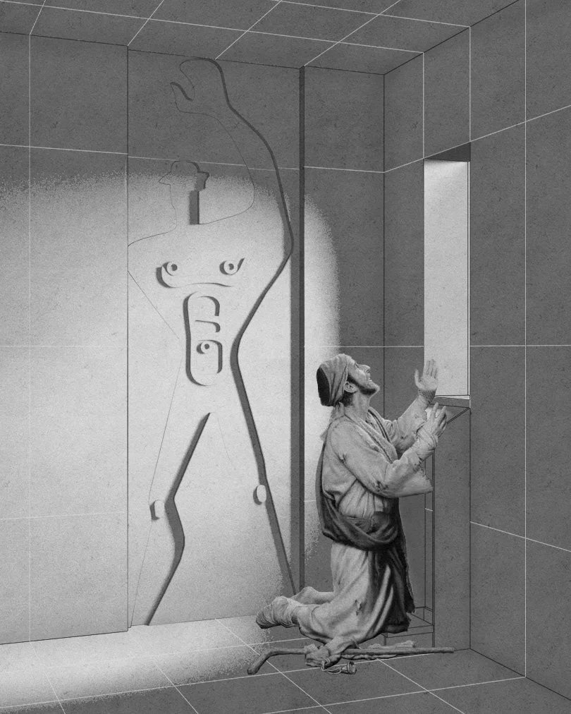 Grayscale interior rendering shows the corner of a small room. A man in religious robes kneels before a window. A silhouette of Modulor Man is impressed on the wall next to him. The room borrows the Modulor's proportions.