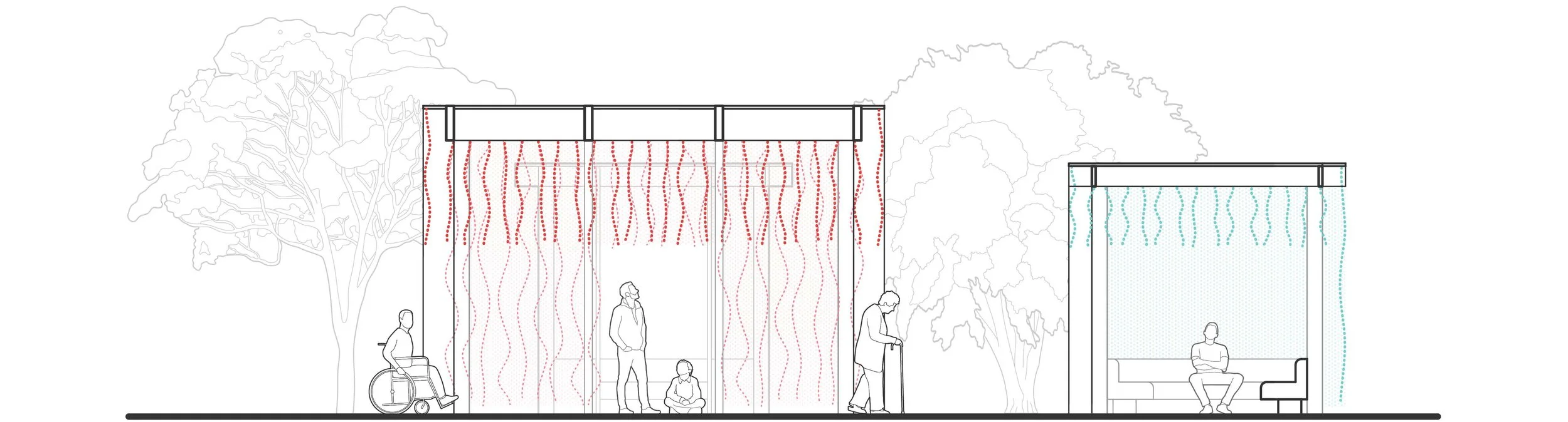 Section of sight pavilion shows two enclosures, one with red veils and one with blue. People with various disabilities and ages occupy the image.