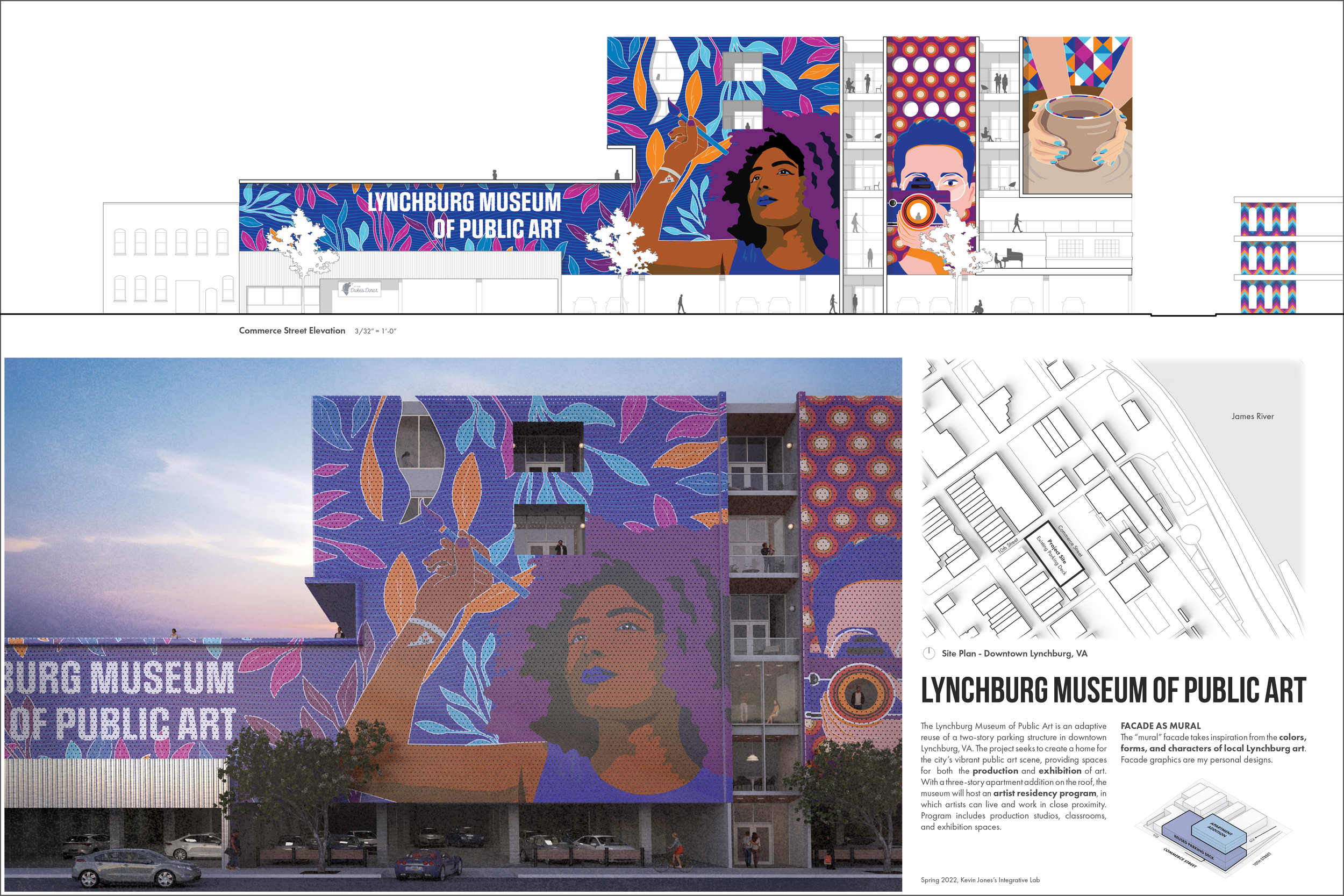 24 by 36 Competition board featuring a composition of the project's drawings and images.