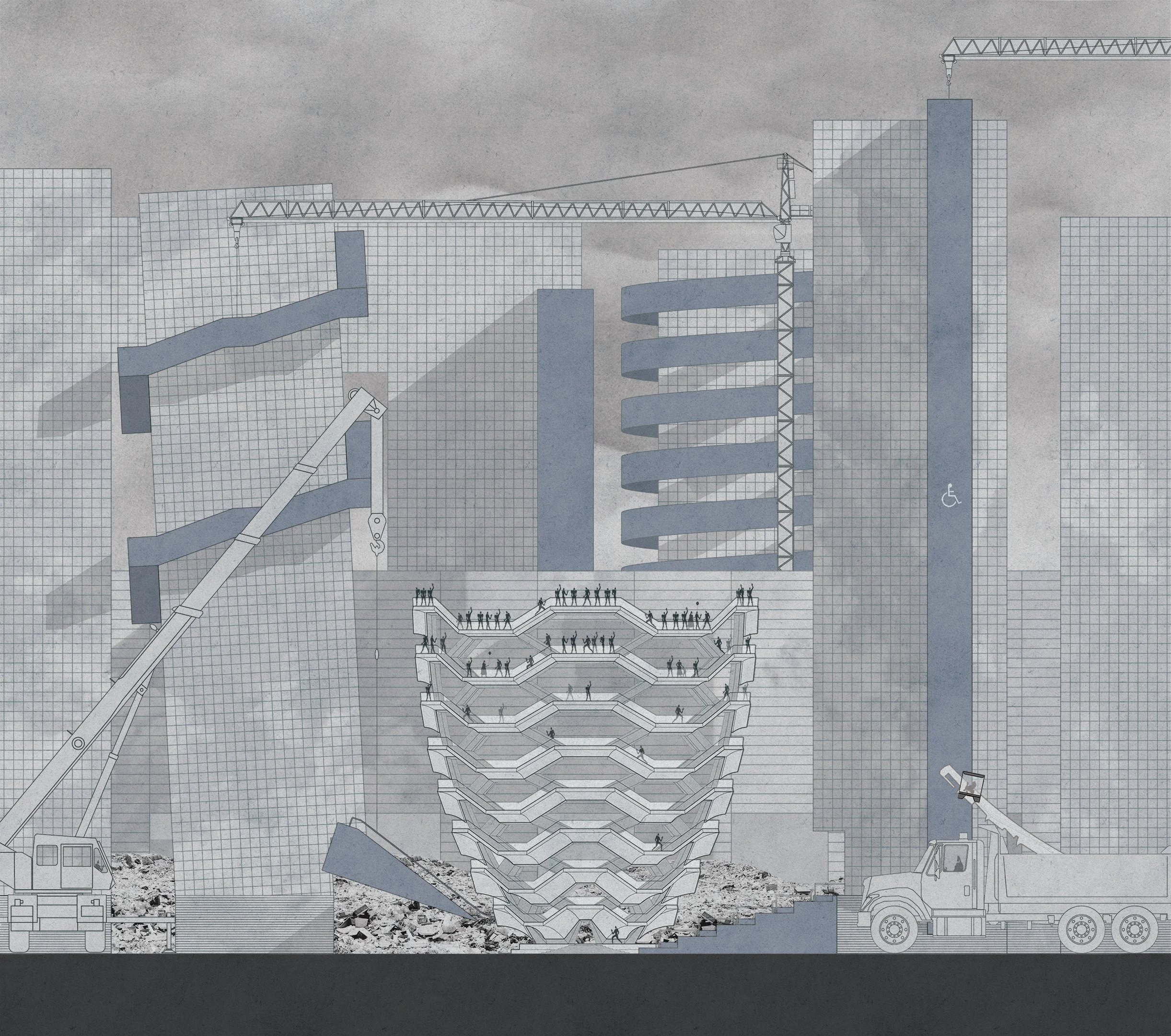 Section drawing of a city shows Modulors standing on top of Heatherwick Studios's The Vessel, surrounded by tall, white, gridded skyscrapers of varying heights and forms. Large blue forms are attached to the gridded white forms.
