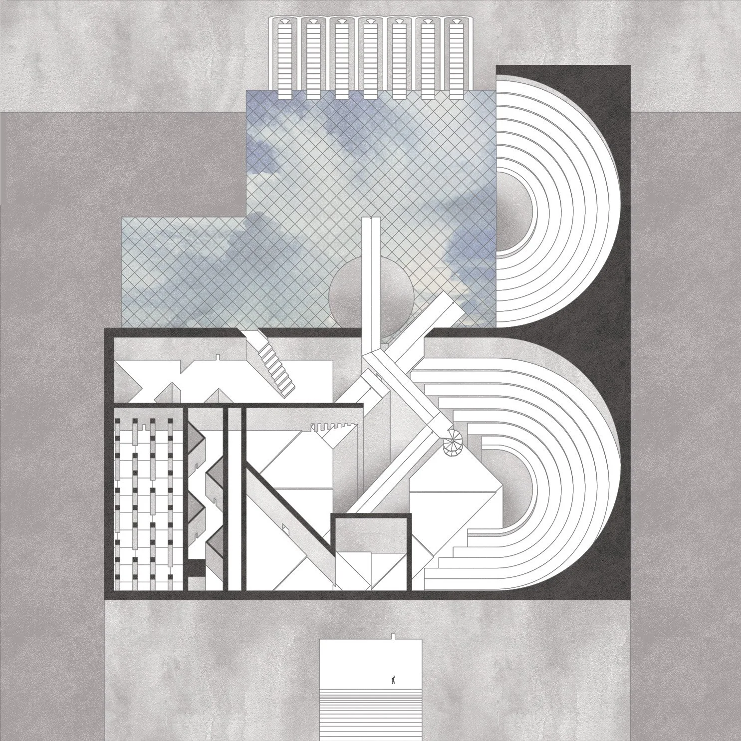 Zero-degree axonometric line drawing shows the Obstacle Course, a maze-like appartus of solid concrete hundreds of feet wide and long.