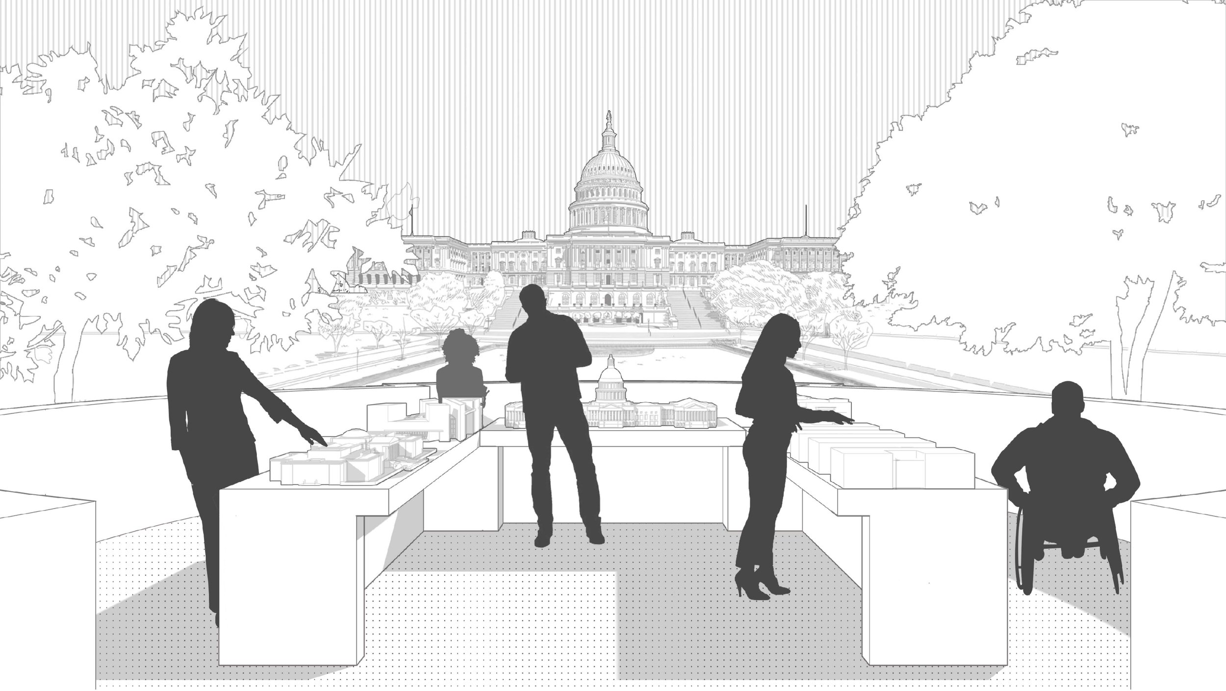 Eye-level perspective drawing shows the touch pavilion, a circular area with a U-shaped table featuring scale models of National Mall buildings. The U.S. Capitol building stands in the distance, on-axis with the scale model of the Capitol.