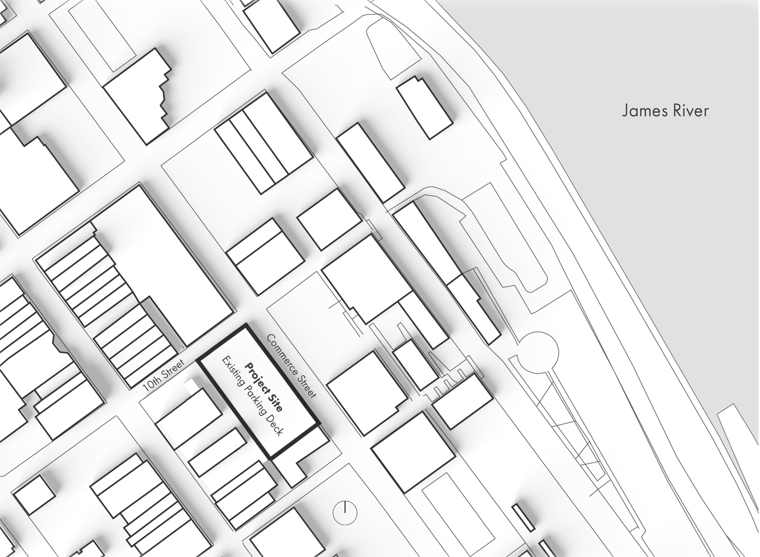 Black and white site plan adjacent to the James River shows a gridded city of rectangular blocks. One building at the intersection of Commerce Street and 10th street has a thick black outline and reads "Project Site, Existing Parking Deck."