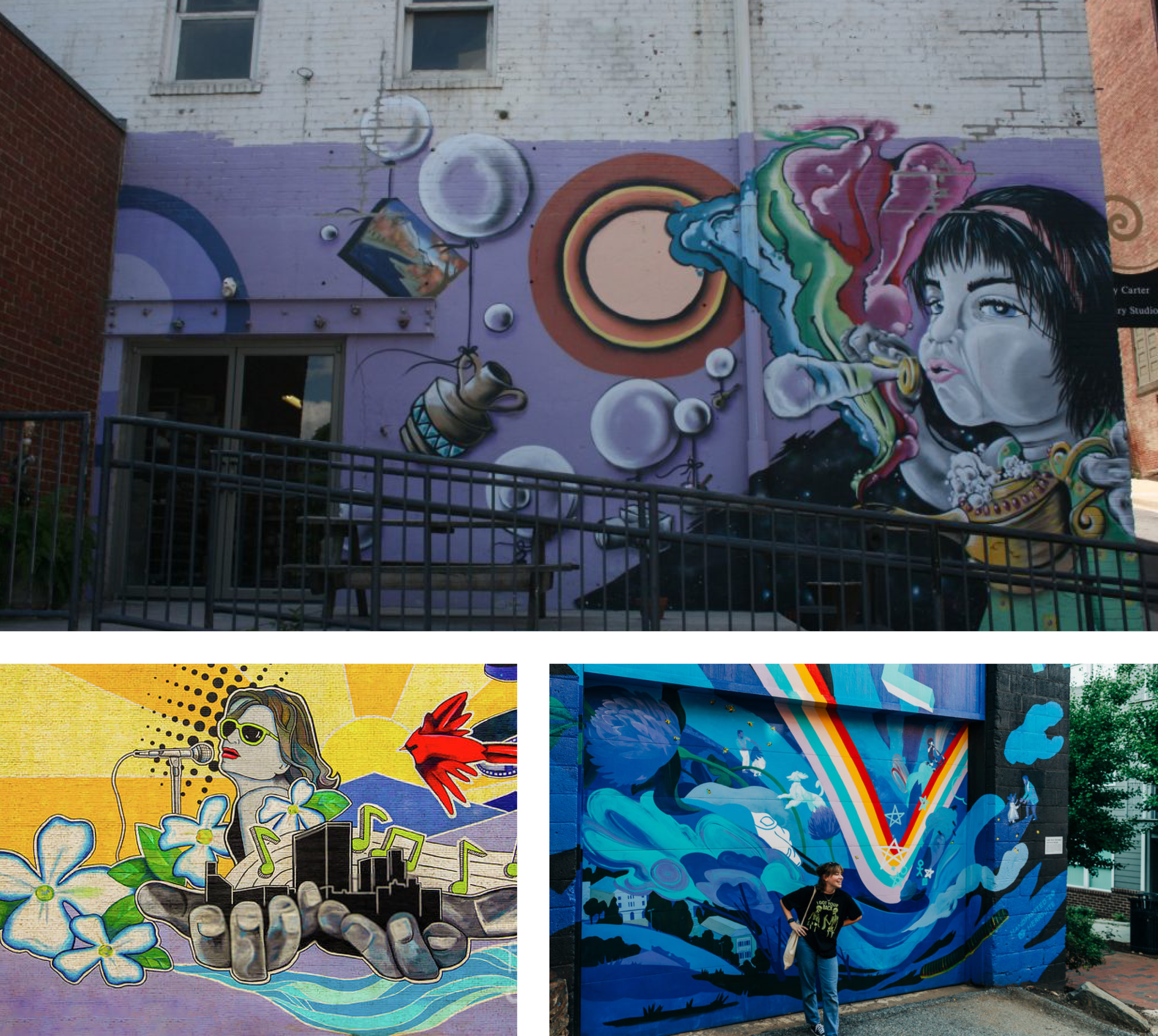 Three image of murals on a purple background. First mural shows woman blowing bubbles. Second image shows woman singing on a yellow background. Third image shows a rainbow on a dark blue background.