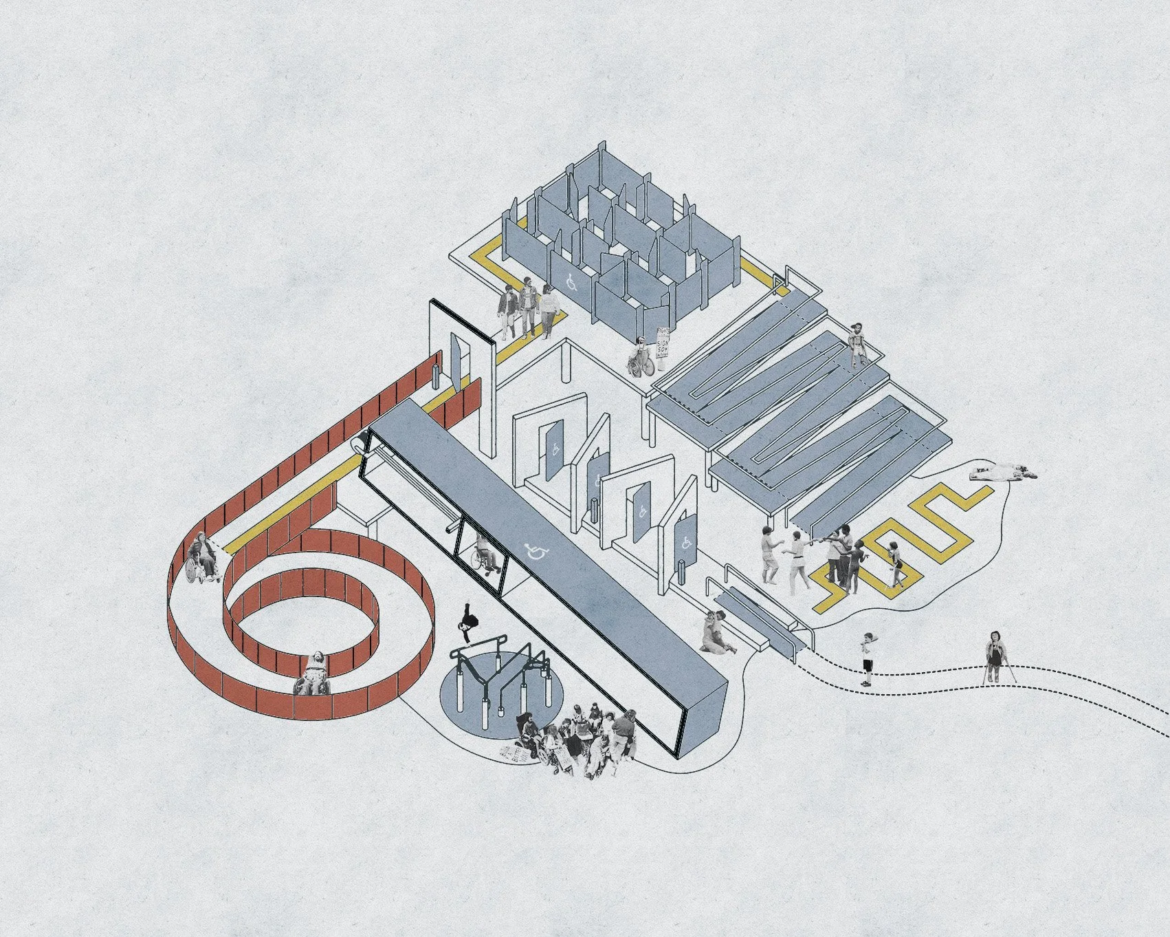 Axonometric line drawing shows a playground composed of ramps, elevators, ADA stalls, a spiralling red ramp, and a yellow tactile path. Various collages figures play on the equipment.