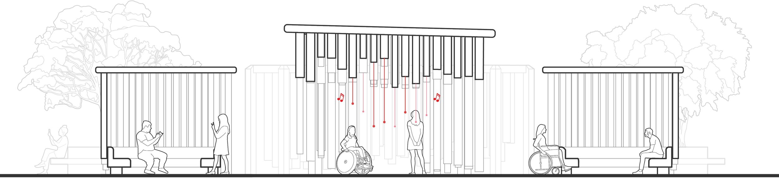 Section of sound pavilion shows three large, equally spaced enclosures with metal bars of varying thicknesses and heights suspended from the ceiling. Red strings hang from the bars. People with various disabilities occupy the drawing.