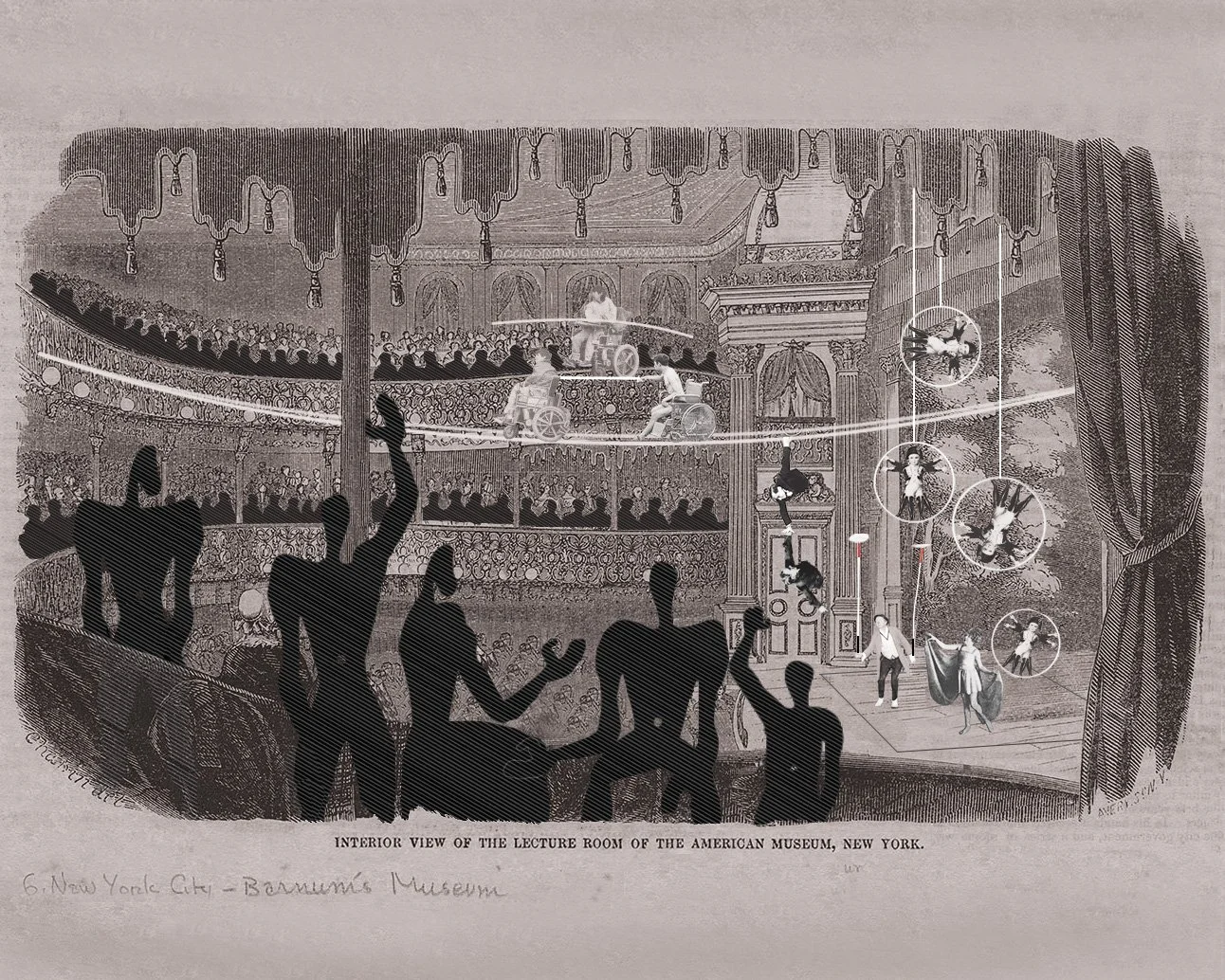 Interior rendering of an auditorium shows Modulors in the foreground watching a performance. Wheelchair users ride on long ropes suspended over the auditorium.