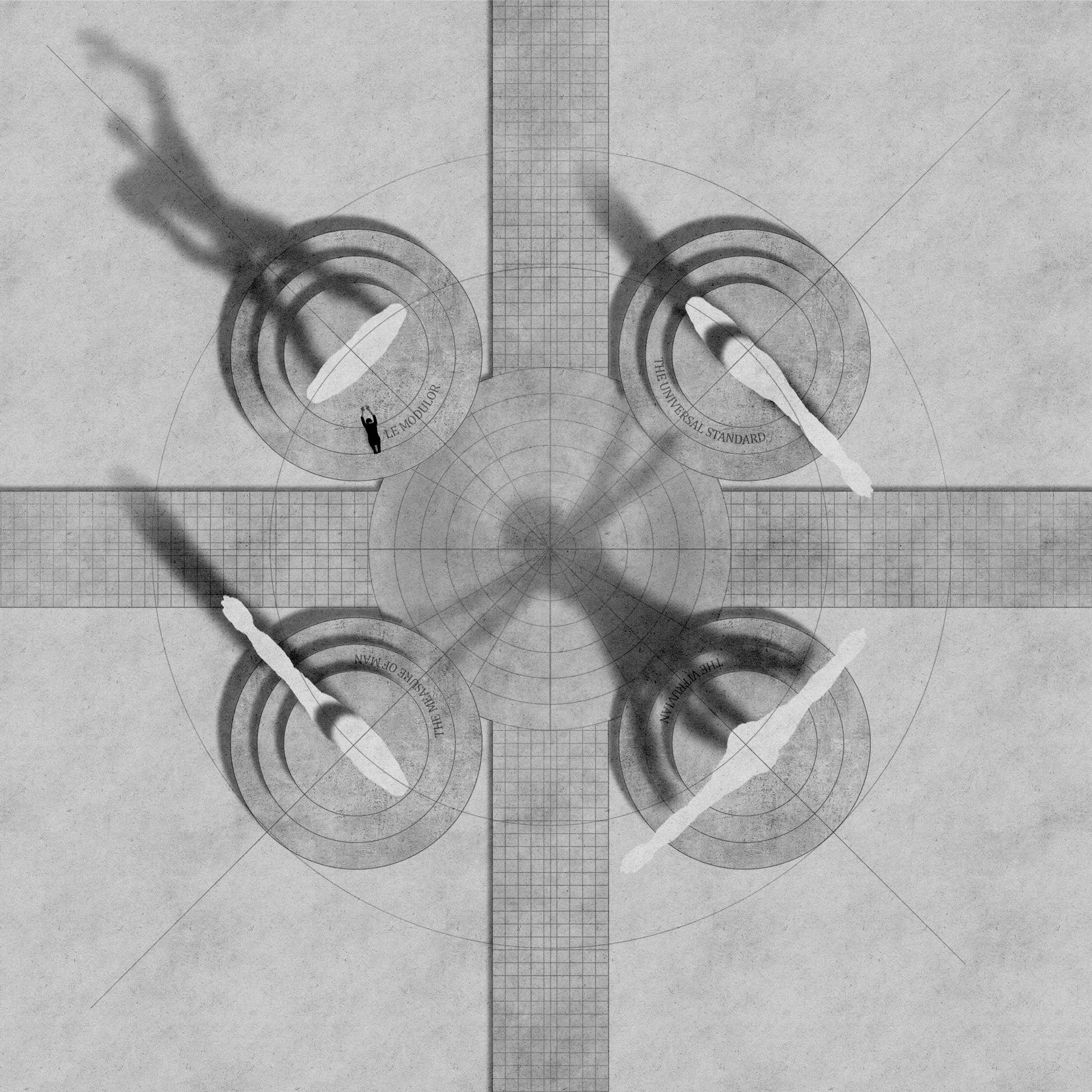 Grayscale plan drawing depicts the intersection of two concrete paths. Surrounding the path intersections are four statues. Shadows from two of the statues resemble Modulor Man and Vitruvian Man. A figures bows in prayer in front of Modulor Man.