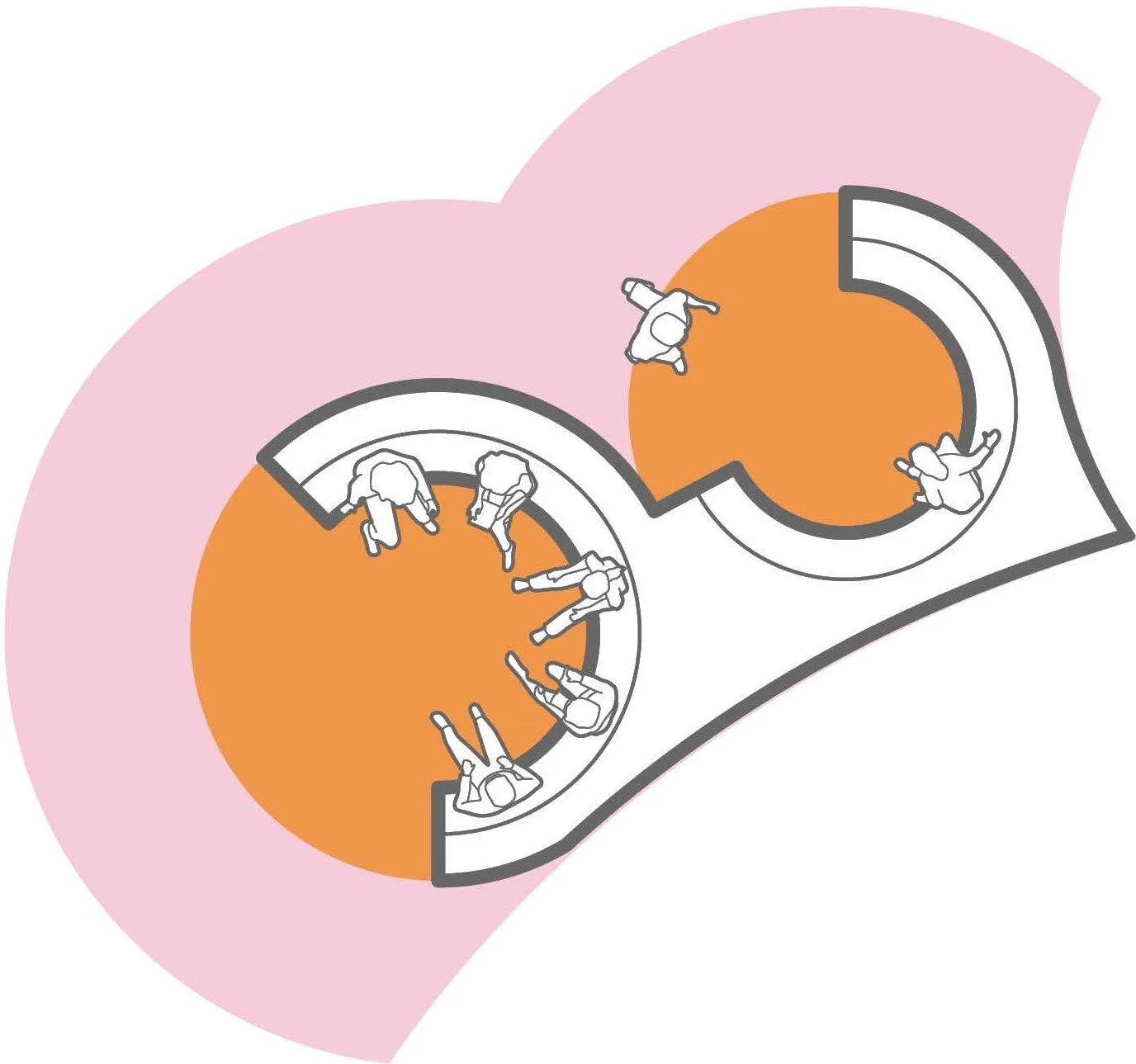 Plan diagram shows two circular benches with groups of people sitting.