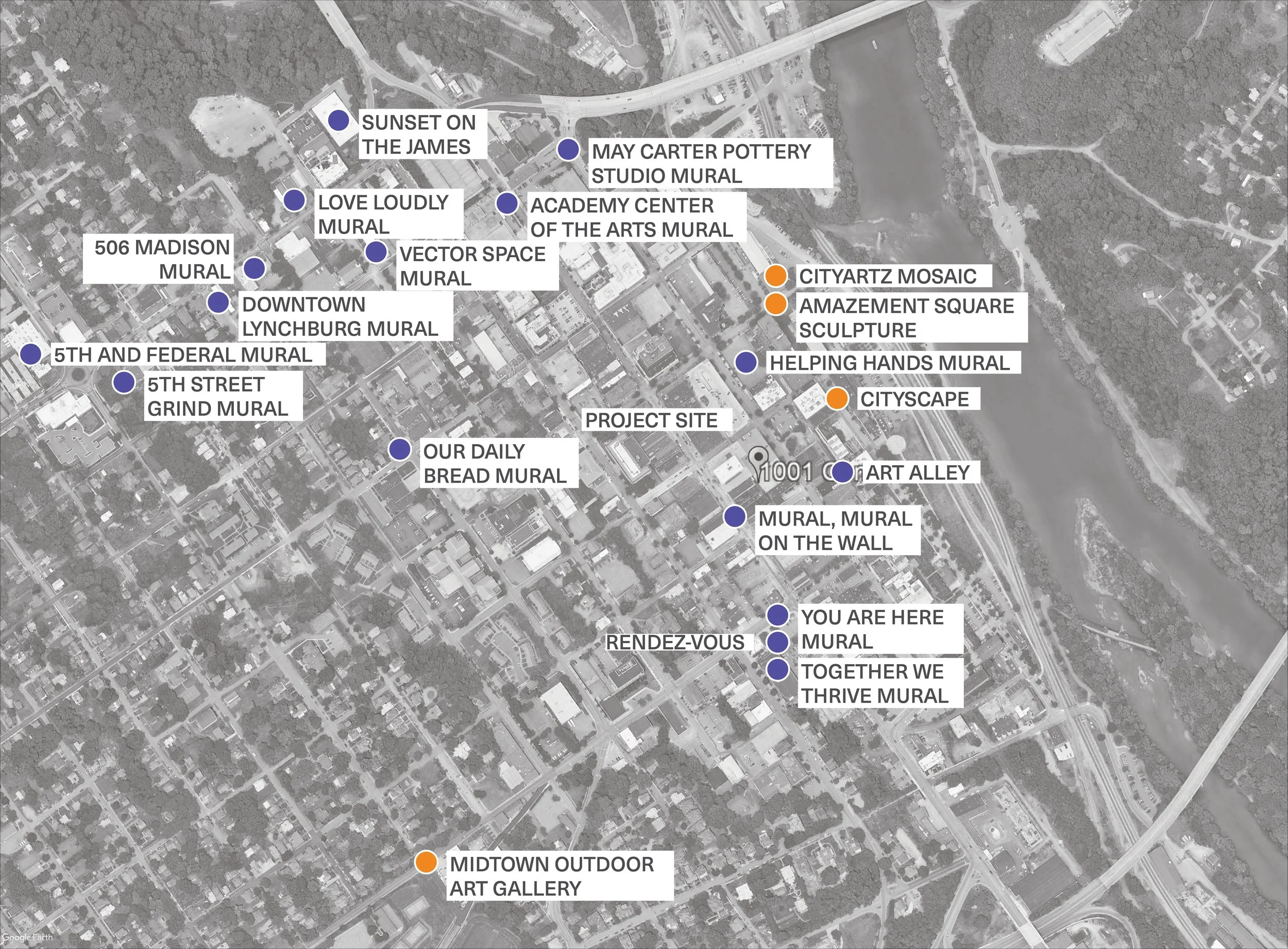 Black and white Google Earth image with scattered text and colored dots shows the locations and names of 20 different Lynchburg murals