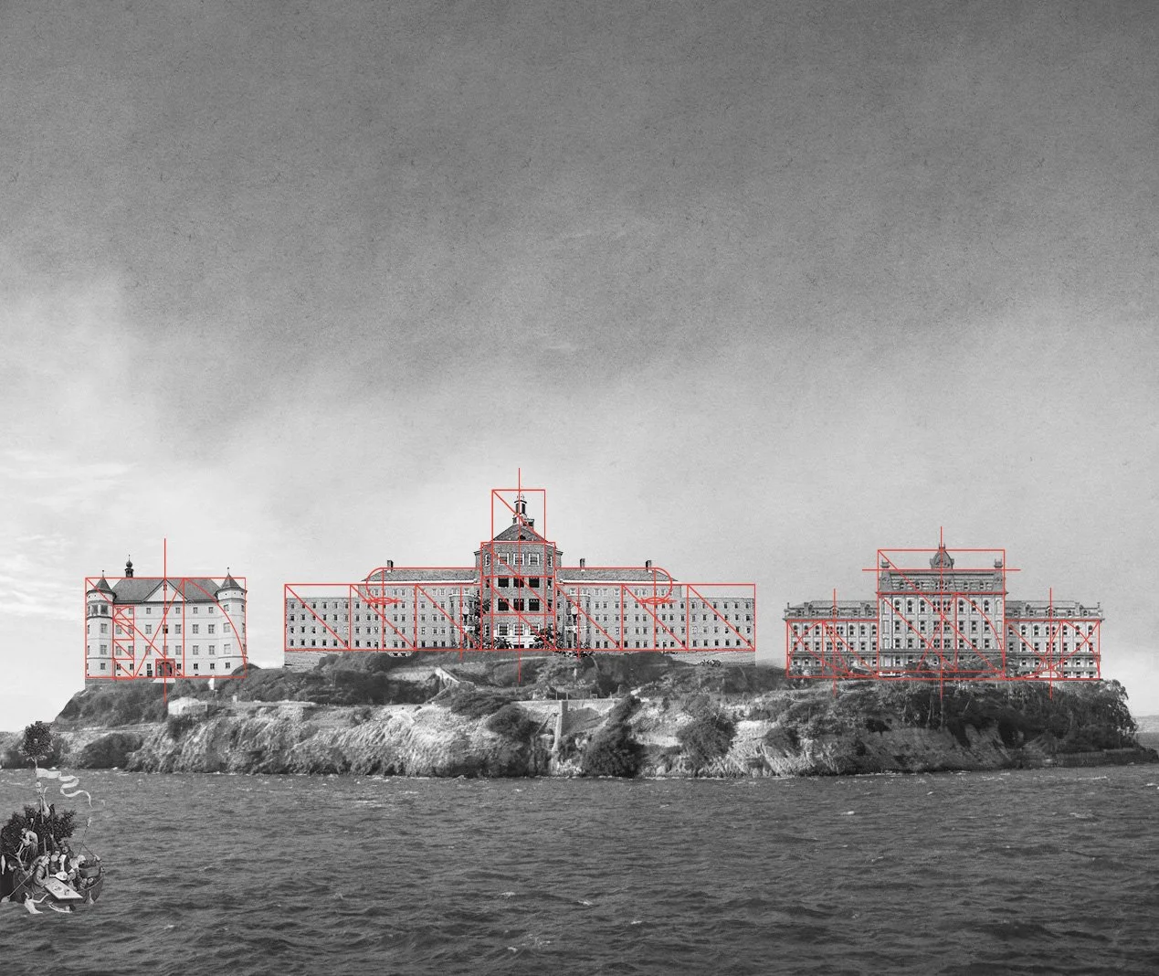 Front-facing perspective image shows three buildings on an island. Their proportions are analyzed with red lines.