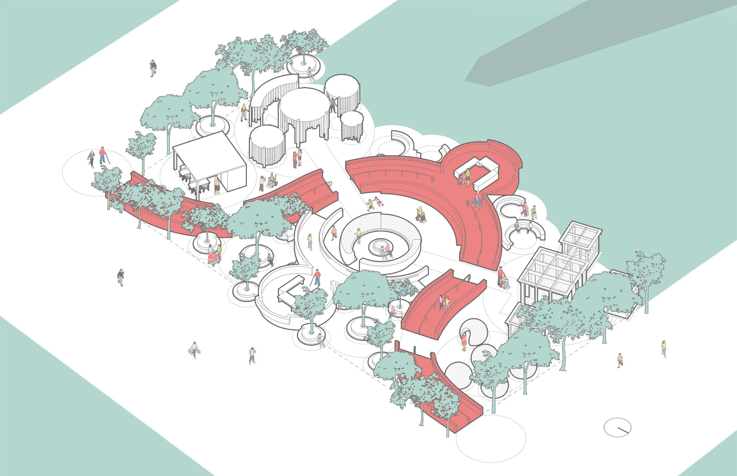 The site axonometric line drawing shows the sensory park and the massing of each of the pavilions. People with various disabilities fill the drawing. A shadow of the Washington Monument appears at the top of the drawing.