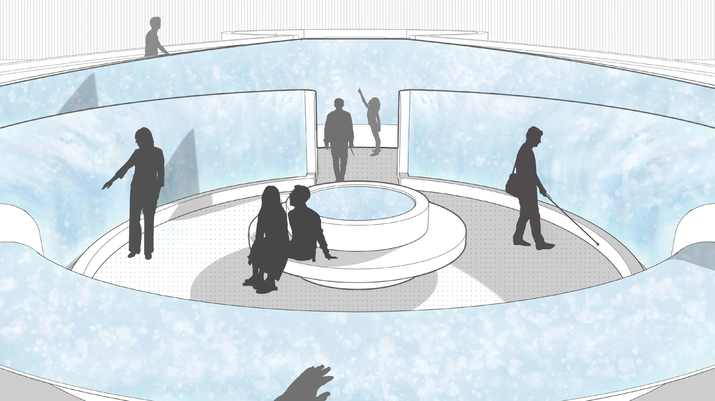 Eye-level perspective rendering shows the central water feature, a depressed circular zone accessible by two semi-circular ramps. Water cascades over the curved walls. Two people sit on a central circular bench.