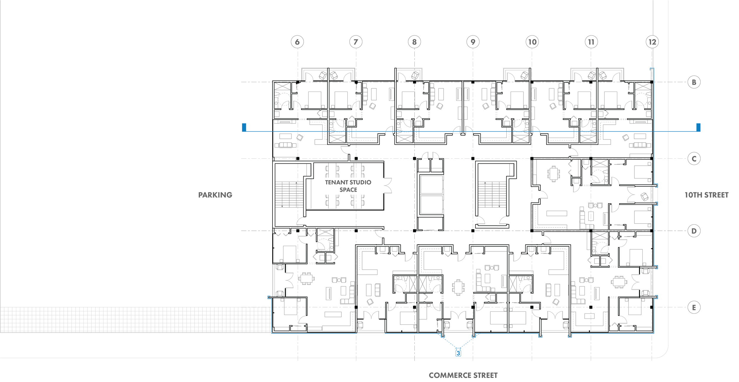 Black and white plan drawing shows a floor with 12 apartments. Two elevators and stairs are located in the center of the plan.
