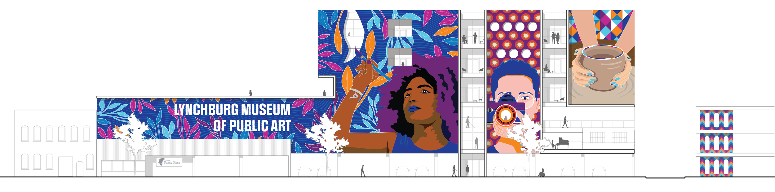 Elevation drawing shows Lynchburg Museum of Public Art, with three distinct mural designs: a woman painting on a background of colorful leaves, a man holding a camera on a background of polka dots, and two hands forming a clay pot.