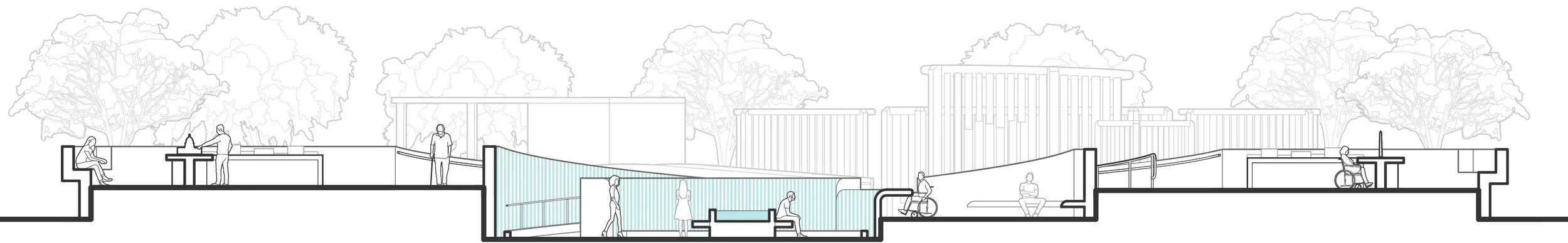 Site section shows the touch pavilion, central water feature, and second touch pavilion connected by ramps. In the background one sees a line of trees, the restroom pavilion, and sound pavilion.