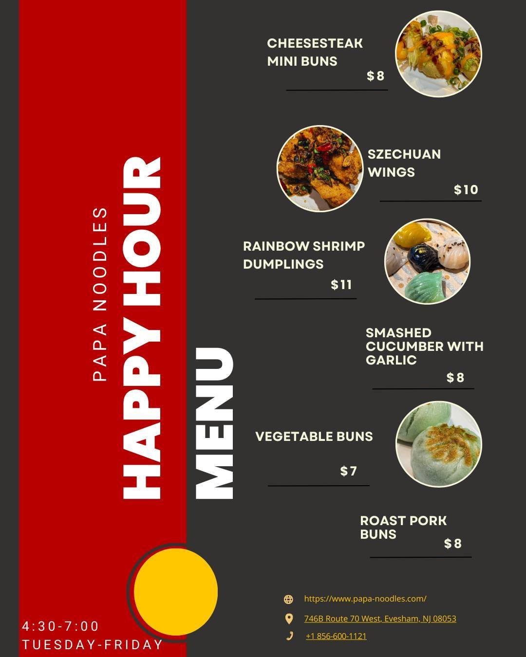 ICYMI! Happy Hour menu specials are available now, with our cheesesteak mini buns to vegetable buns. Meals for everyone to be enjoyed by everyone. 

#papanoodles #dimsum #happyhourmenu #phillyhappyhour #eatingout