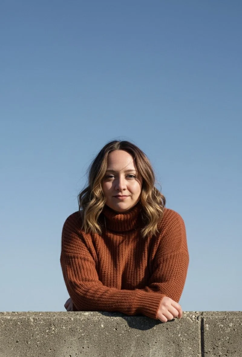 A woman with shoulder-length wavy brown hair wearing a rust-colored turtleneck sweater, leaning on a concrete wall against a clear blue sky.