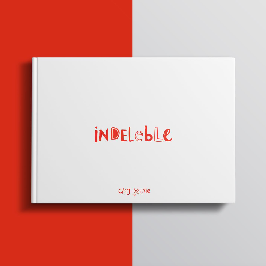 Book cover titled 'INDeLLe' in red text with 'Caro Jaime' written below, placed on a background split between red and light gray colors.
