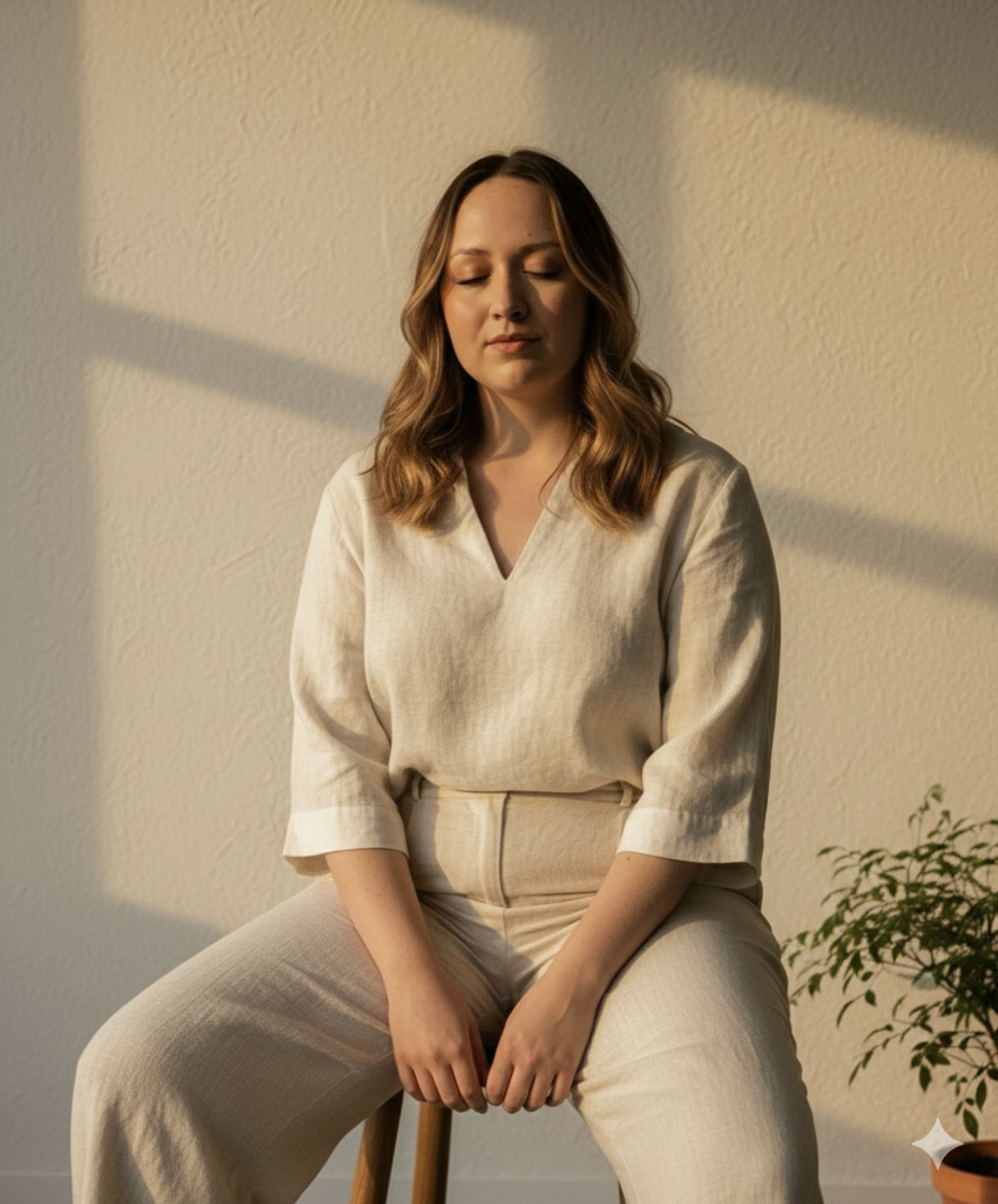 A woman with wavy blonde hair sits on a wooden stool with closed eyes, wearing a cream-colored top and matching pants, in a softly lit room with a potted plant to her right.