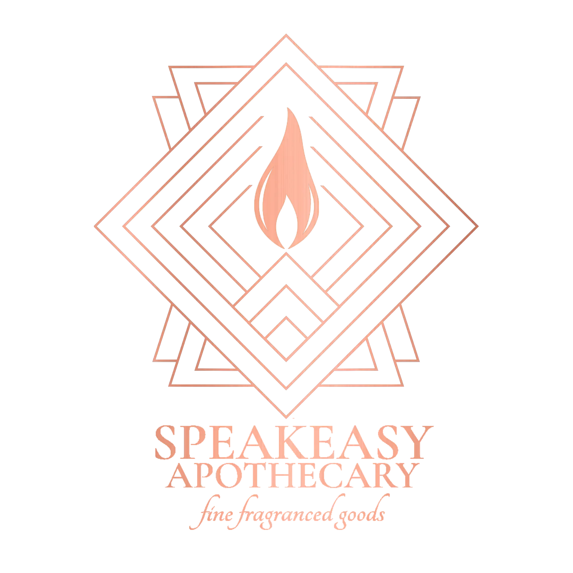 Speakeasy Apothecary logo featuring a copper art deco geometric frame with a flame icon above the words “Speakeasy Apothecary” and the tagline “fine fragrance goods.”