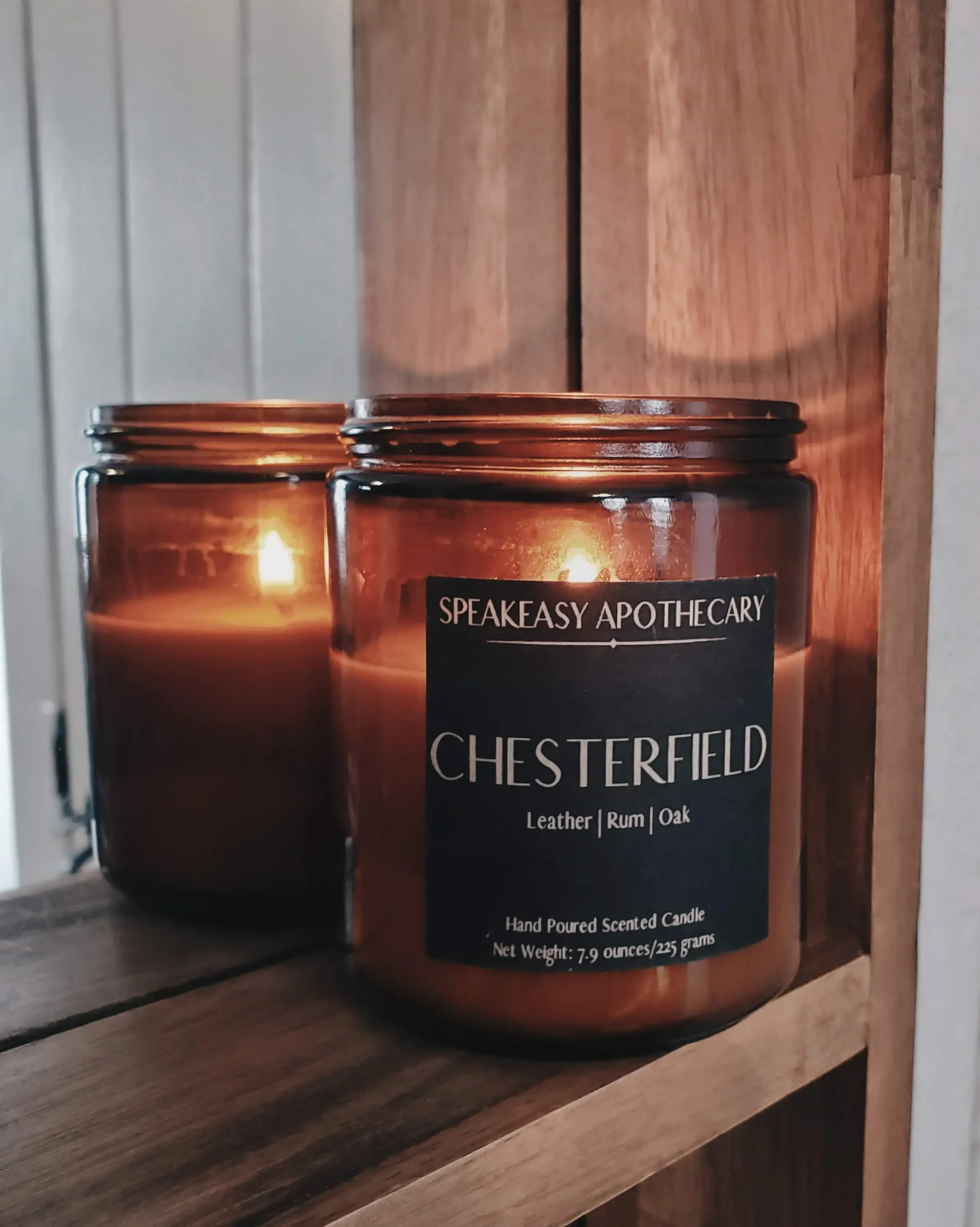 Speakeasy Apothecary Chesterfield candle — leather, rum, and oak coconut soy candle hand-poured in West Chester Ohio