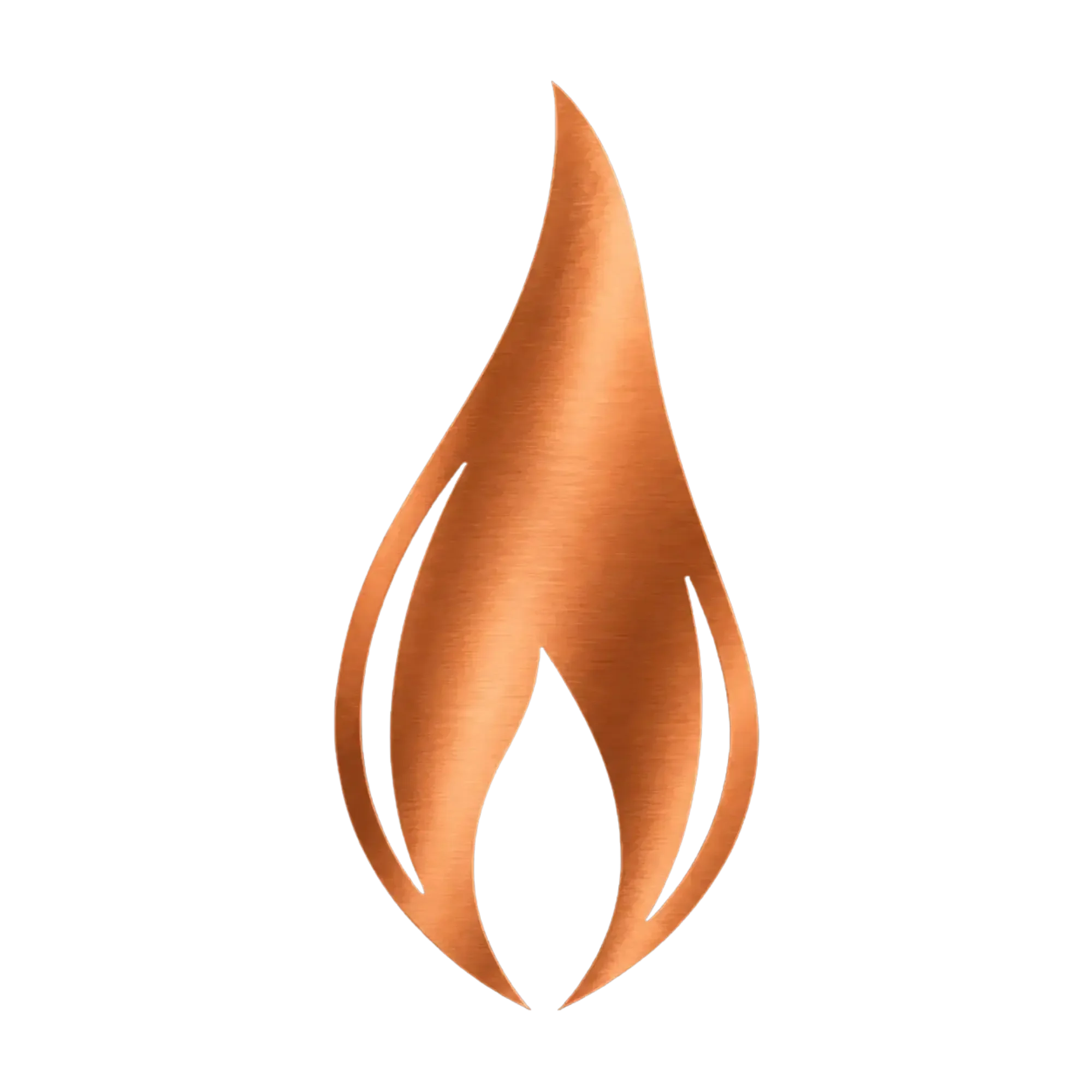 An icon of a flame in metallic copper set against a black background.