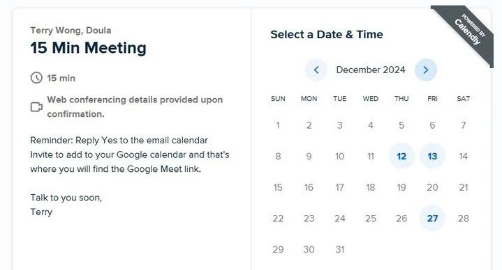 15 Min Meeting - Terry Wong, Free Doula Consultation
🤰 As a New York City doula, I provide personalized online/phone consultations, birth preparation planning, and informed decision-making discussions. Let's ensure you're confident and ready for yo
